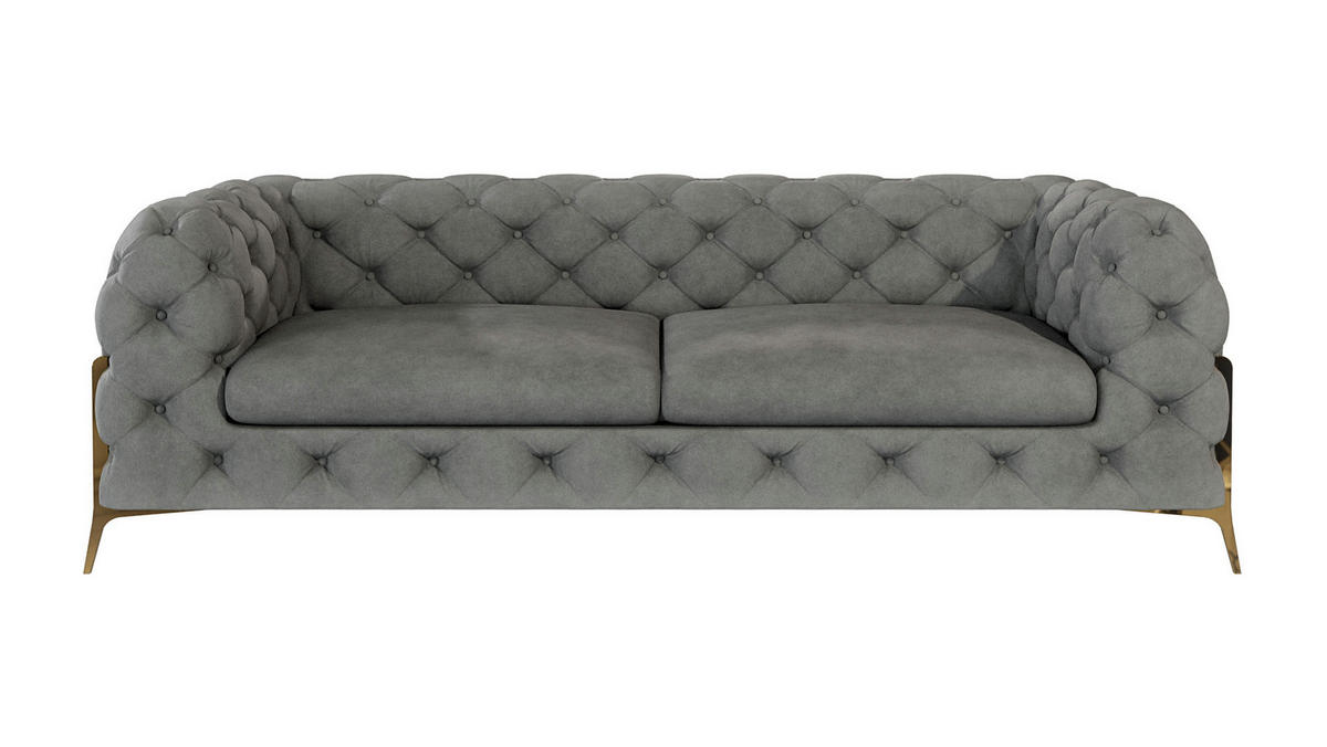 CHESTERFIELD-SOFA 3-Sitzer Lexi Grau Samt - Goldfarben/Grau, Holz/Textil (225/75/100cm) - S-Style Möbel