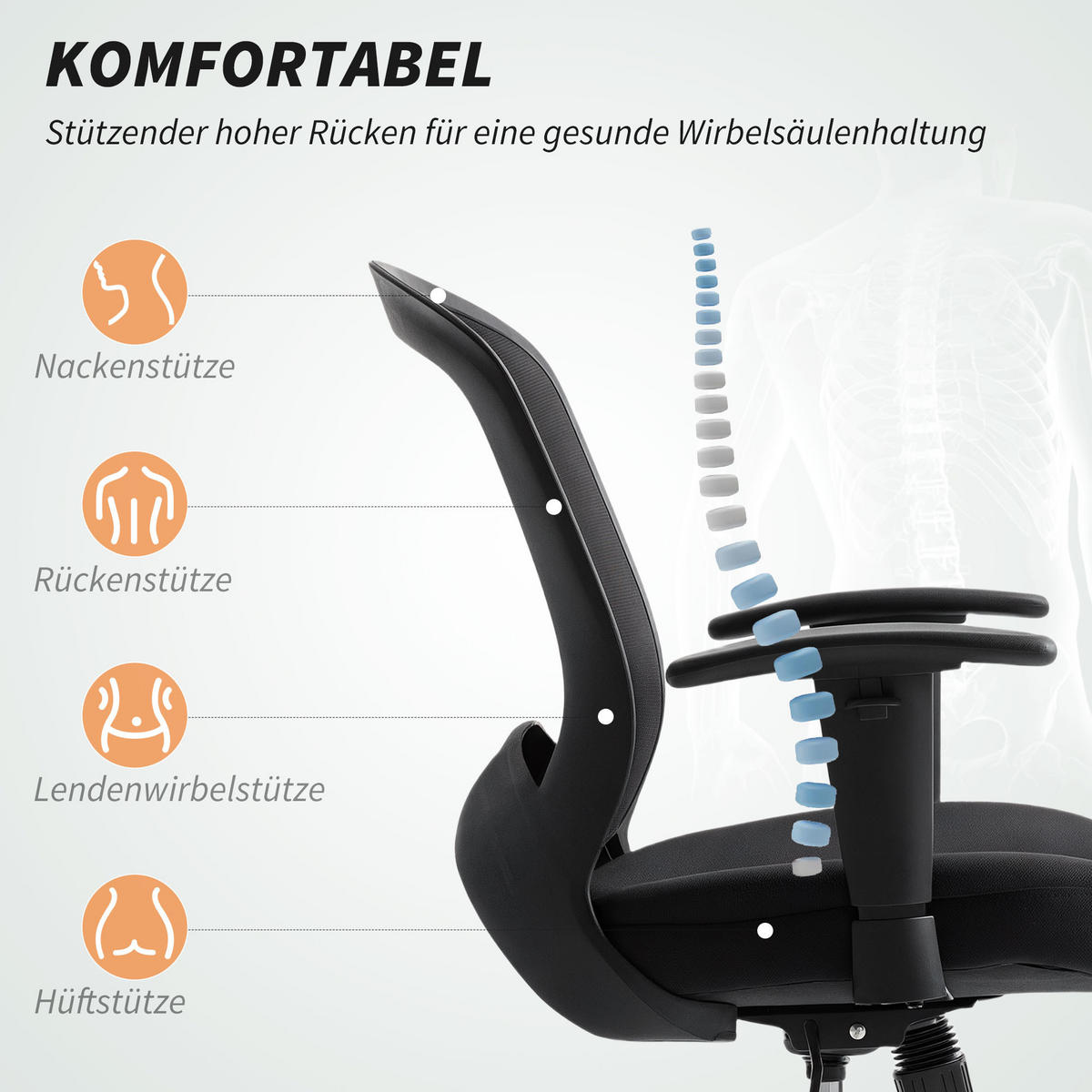 NETZ-BÜROSTUHL Verstellbarer Schreibtischstuhl mit Netzstoff-Rückenlehne Schwarz - Schwarz, Textil (59/102.5/65cm) - HOMCOM