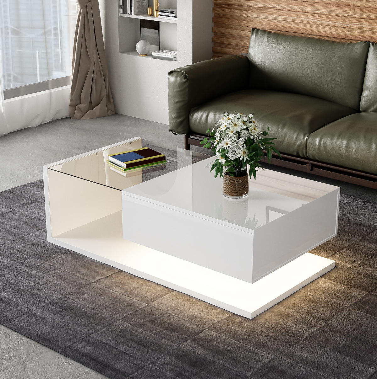 COUCHTISCH 105/55 cm in Hochglanz-Weiß mit Glasplatte und LED-Beleuchtung - Weiß, Holzwerkstoff (105/55/32.5cm) - Flora Grace
