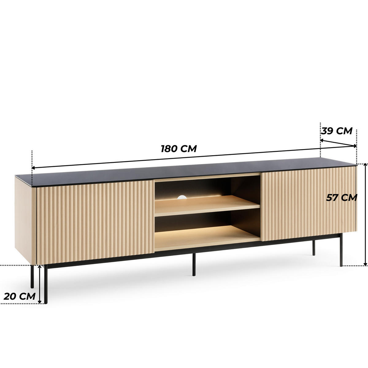 TV-LOWBOARD DIJON RTV180 180 cm (Vicenza Eiche, Antisol-Glasplatte, LED) - Eichefarben/Schwarz, Glas/Holz (180/57/39cm) - Ravio
