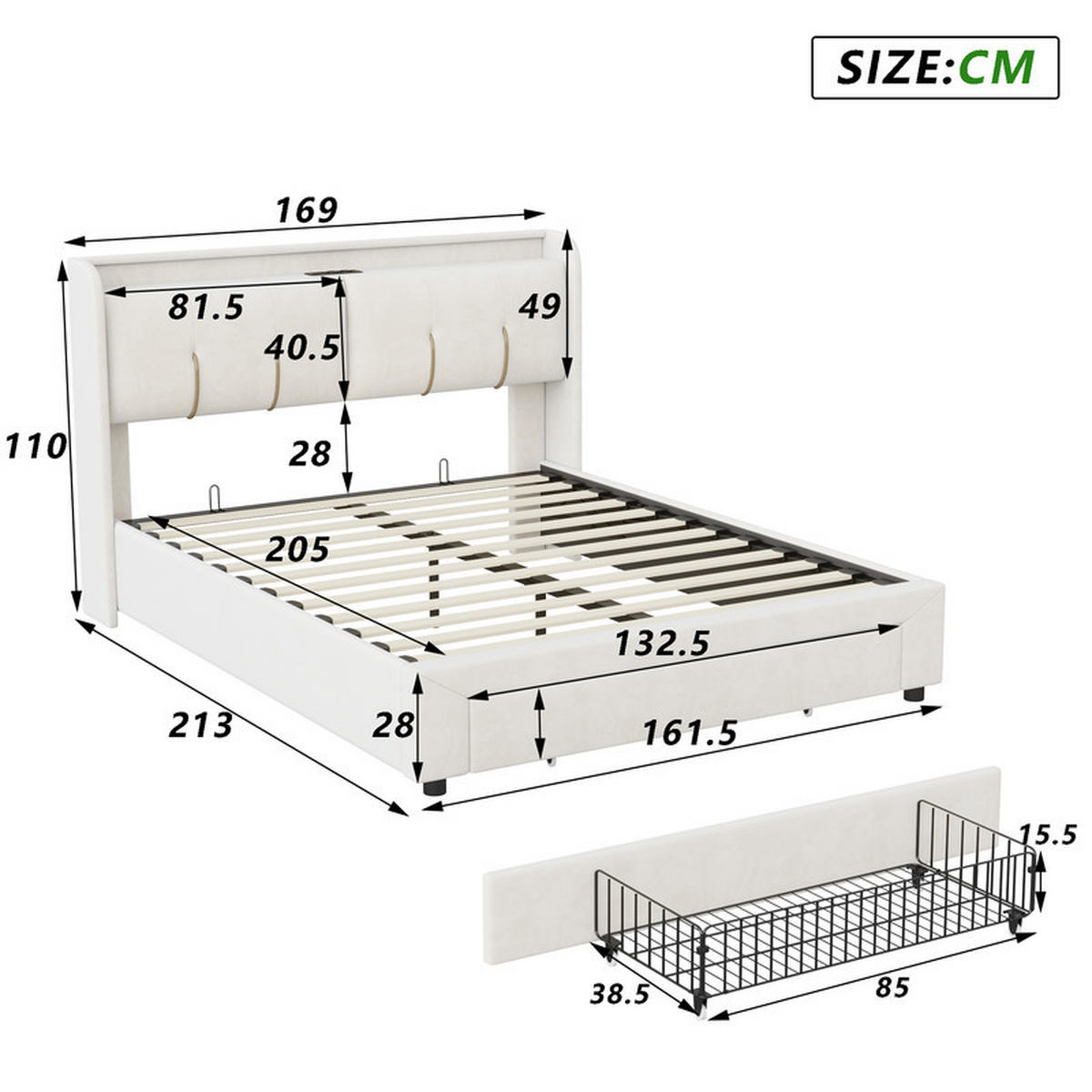 POLSTERBETT 160x200cm, Beige, Samt, mit LED-Lichtleiste und USB-Ladeanschluss, Schubladen, ohne Matratze - Beige, Holz (160/200cm) - WoodenAura