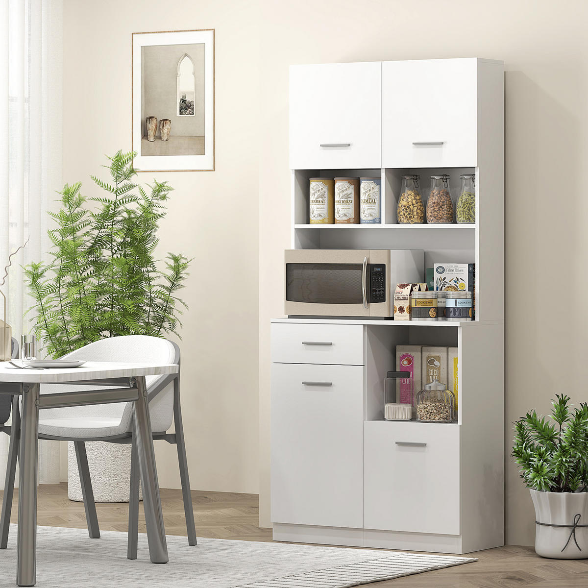 KÜCHENSCHRANK Hochschrank mit verstellbaren Regalen Schublade Weiß - Silberfarben/Weiß, Holzwerkstoff/Metall (35/180/80cm) - HOMCOM