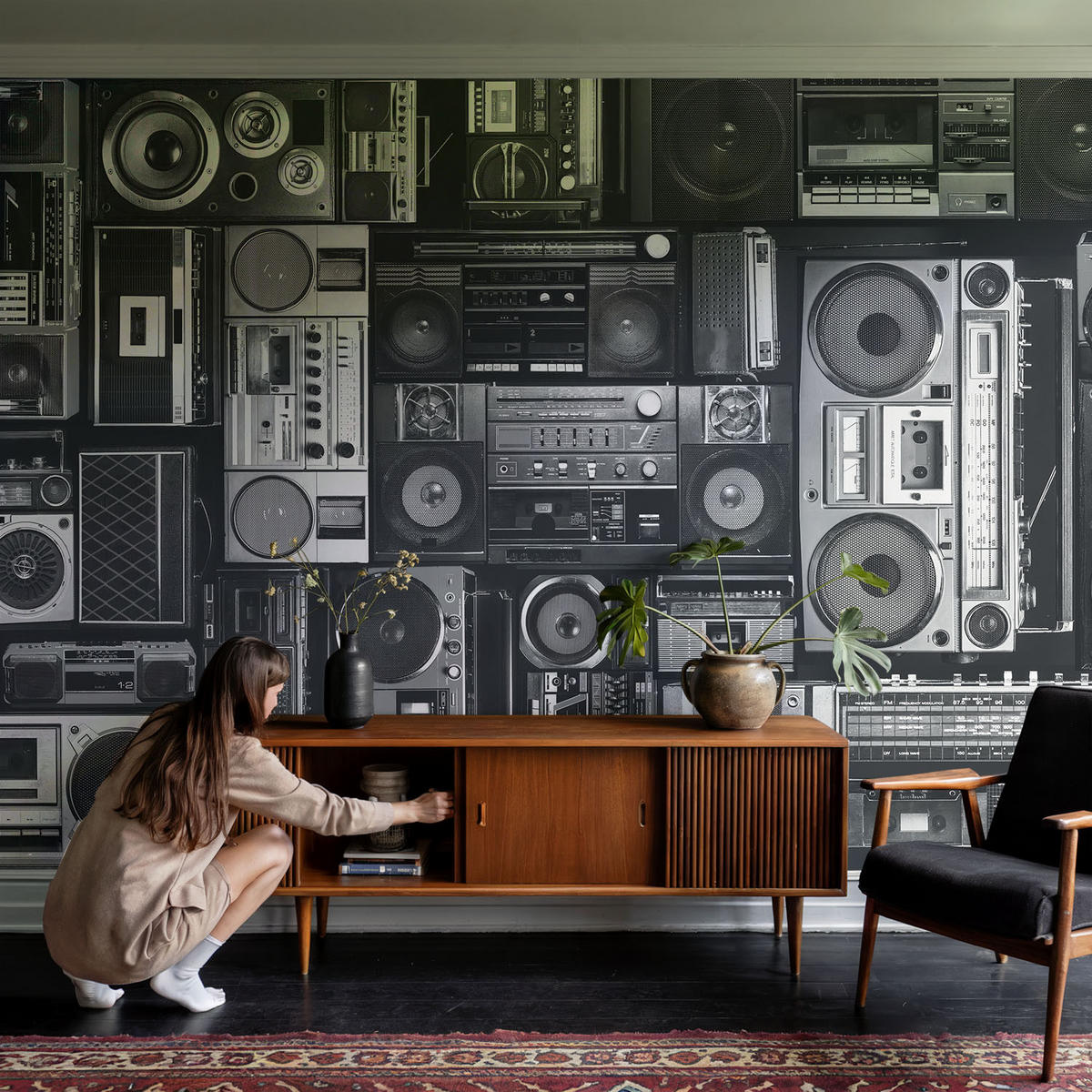 FOTOTAPETE 104x70 cm - Retro-Radio - Schwarz, Textil (104/70cm) - Wallfluent