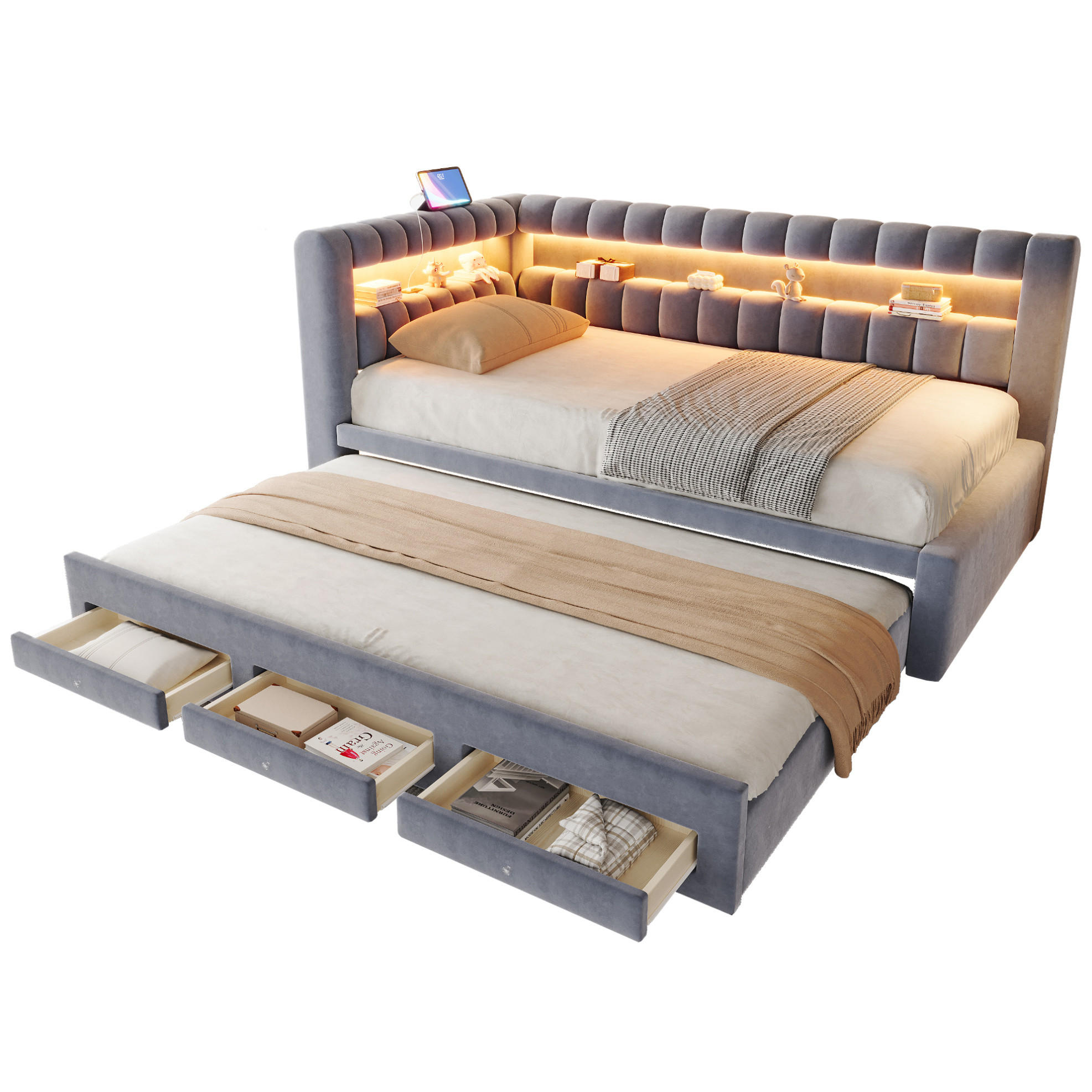 POLSTERBETT Schlafsofa aus Samt 90x190 cm Dunkelgrau mit Ausziehbett, Schubladen, LED und USB-/Typ-C-Anschlüssen - Grau, Textil (90/190cm) - Modfu