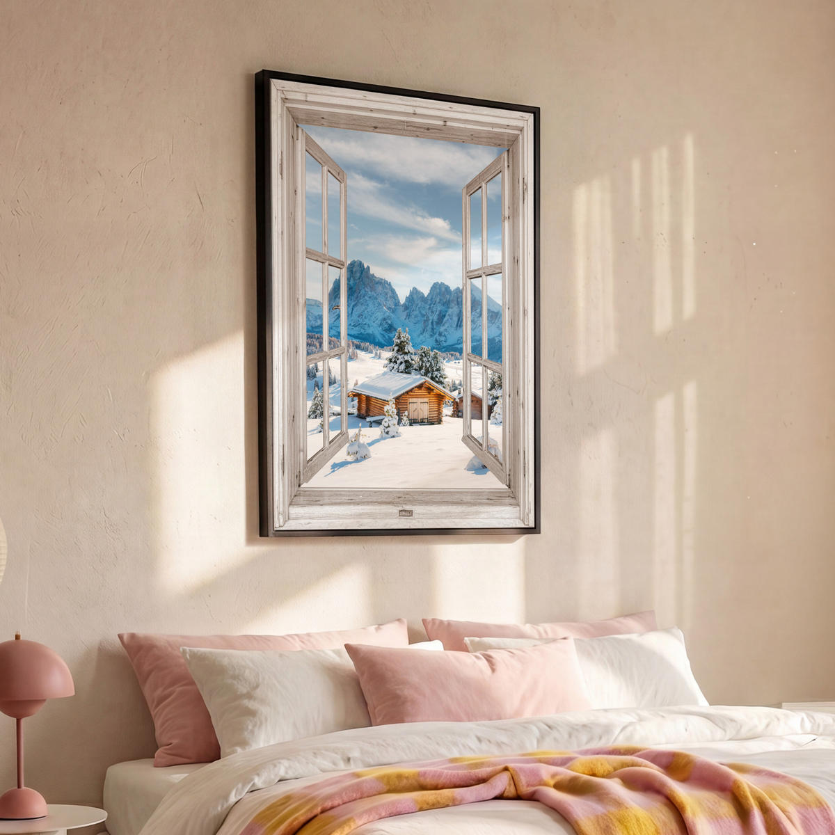 LEINWAND Bilder mit Rahmen - Winterlandschaft - Hütte - Berge - Ausblicke - Aussicht - Natur - 80x120 - Weiß Hochglanz, Textil (80/120cm) - MuchoWow