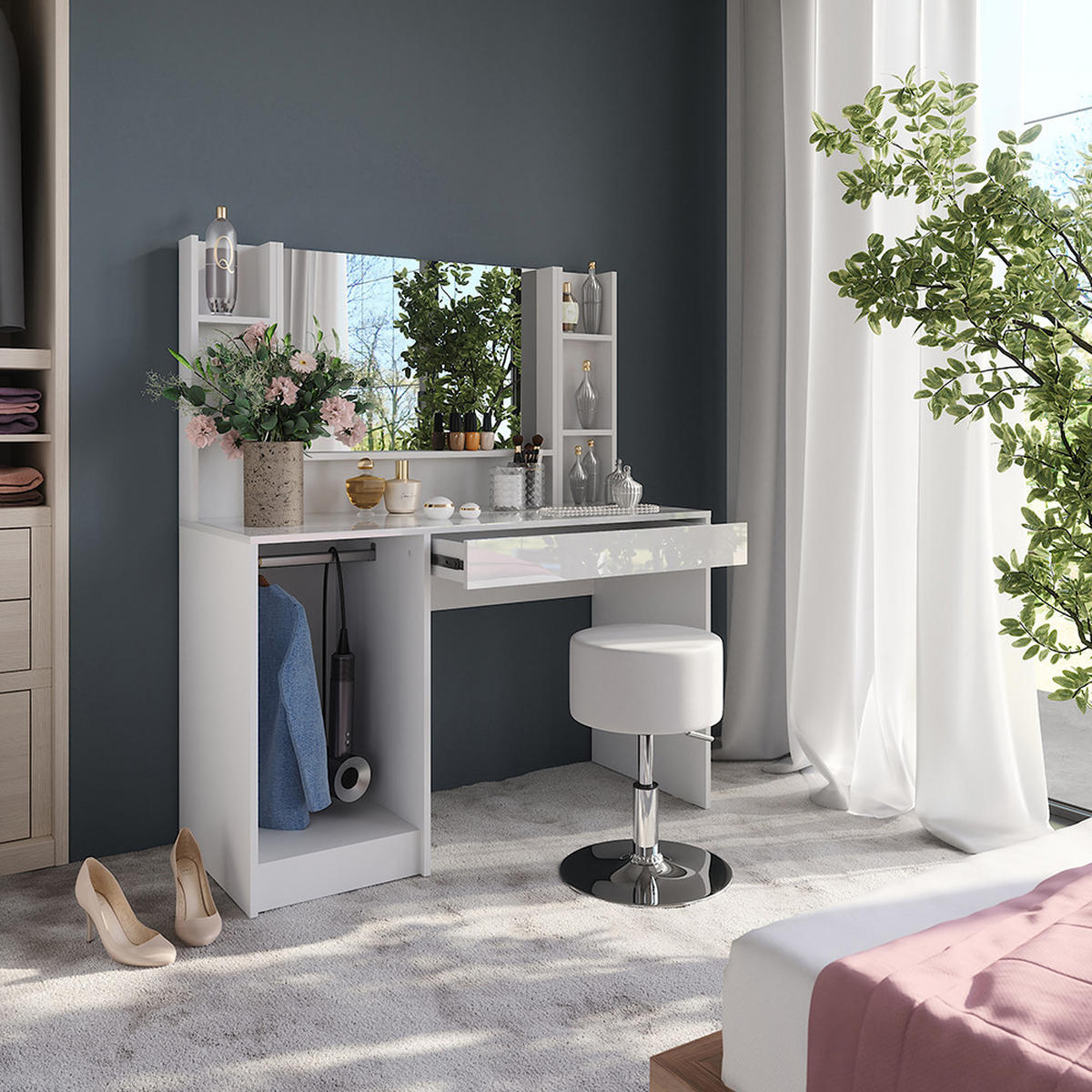 SCHMINKTISCH Sherry Weiß/Weiß Hochglanz 119.8 cm 5 Teile - Weiß Hochglanz, Holzwerkstoff (119.8/76/50.1cm) - Vicco