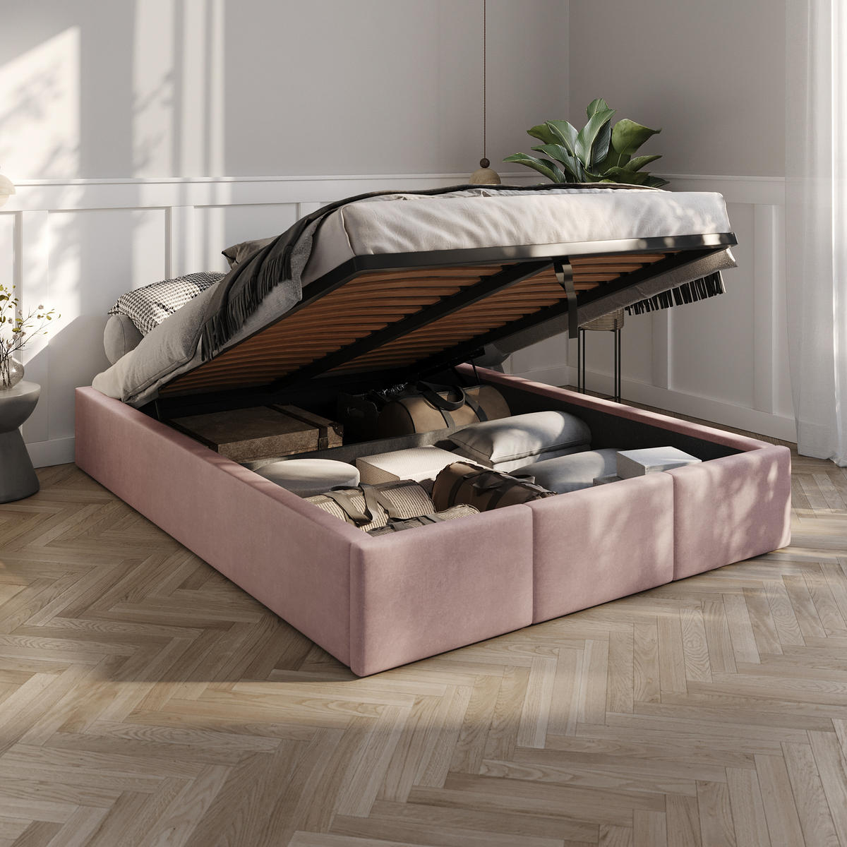 POLSTERBETT für Schlafzimmer Bett mit Stauraum Rosa 140x200cm - Rosa, Holzwerkstoff/Textil (160/200cm) - Muralo