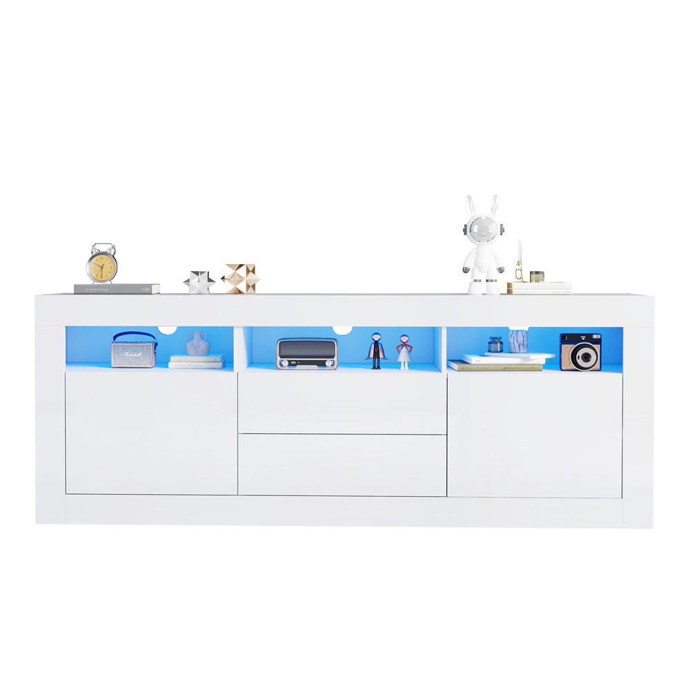 TV-SCHRANK 160x35cm Hochglanz LED-Beleuchtung 3 Fächer 2 Türen 2 Schubladen - Weiß, Holz (44/22.5/70cm) - FLIEKS