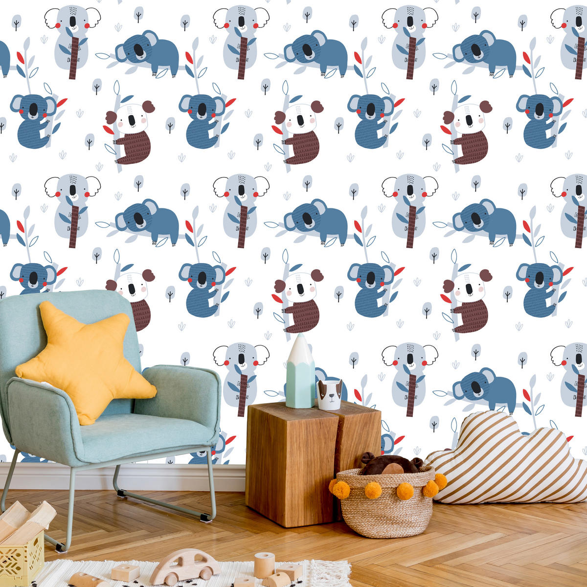 VLIESTAPETE Koalas und Bäume – Blau, Braun, Weiß – 50x1000 cm - Blau/Braun, Papier (50/1000cm) - Muralo