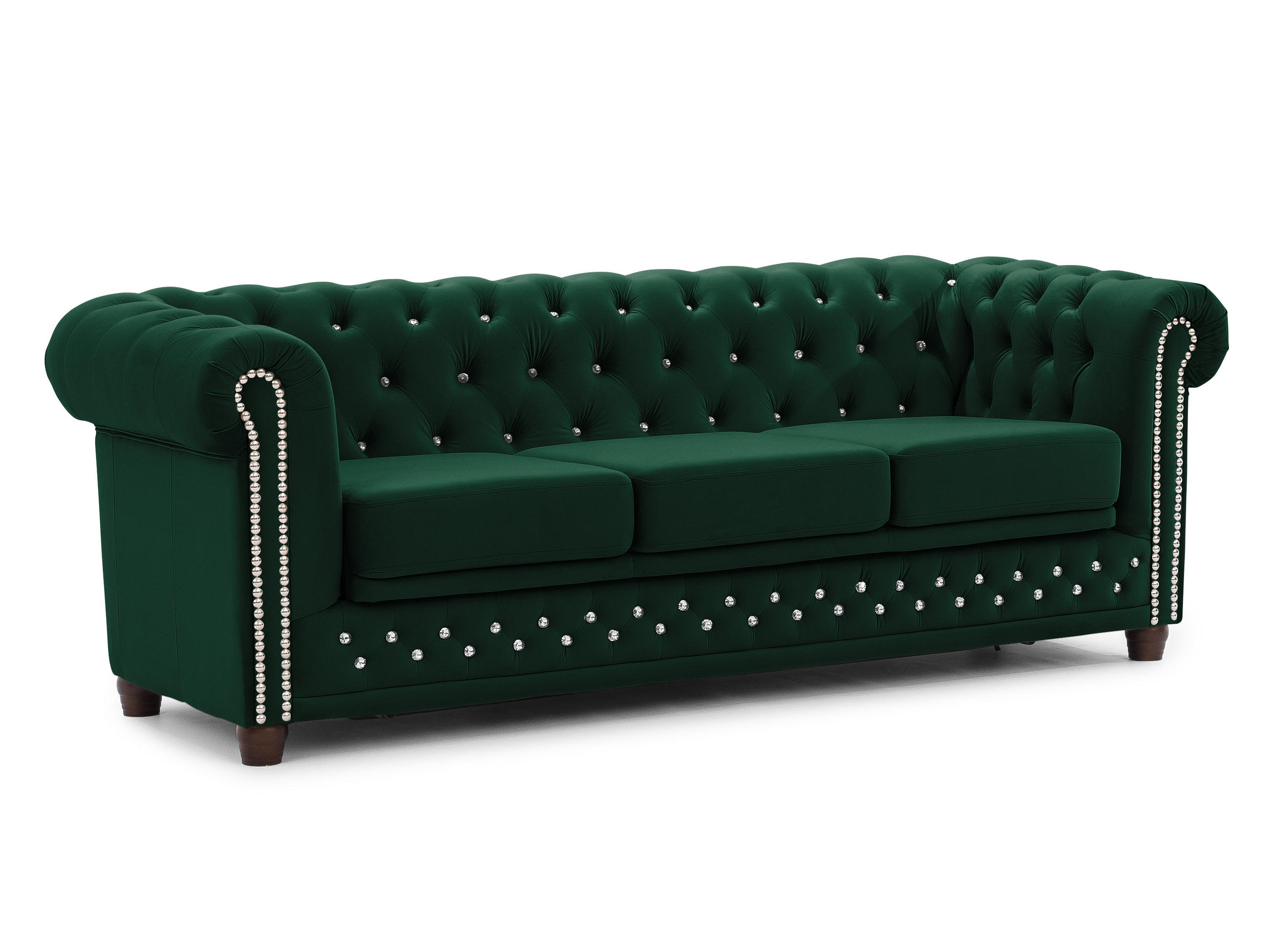 CHESTERFIELD-SOFA 3-Sitzer mit Schlaffunktion Cleo Blink Flasche Grün Samt mit Kristallsteppung und braunen Massivholzfüßen - Braun/Grün, Holz/Textil (203/72/86cm) - S-Style Möbel