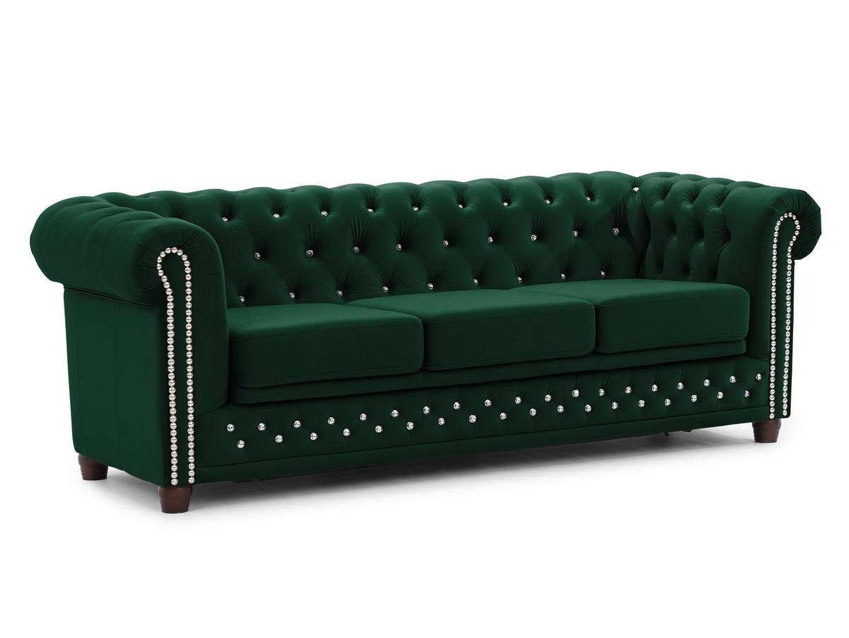 CHESTERFIELD-SOFA 3-Sitzer mit Schlaffunktion Cleo Blink Flasche Grün Samt mit Kristallsteppung und braunen Massivholzfüßen - Braun/Grün, Holz/Textil (203/72/86cm) - S-Style Möbel