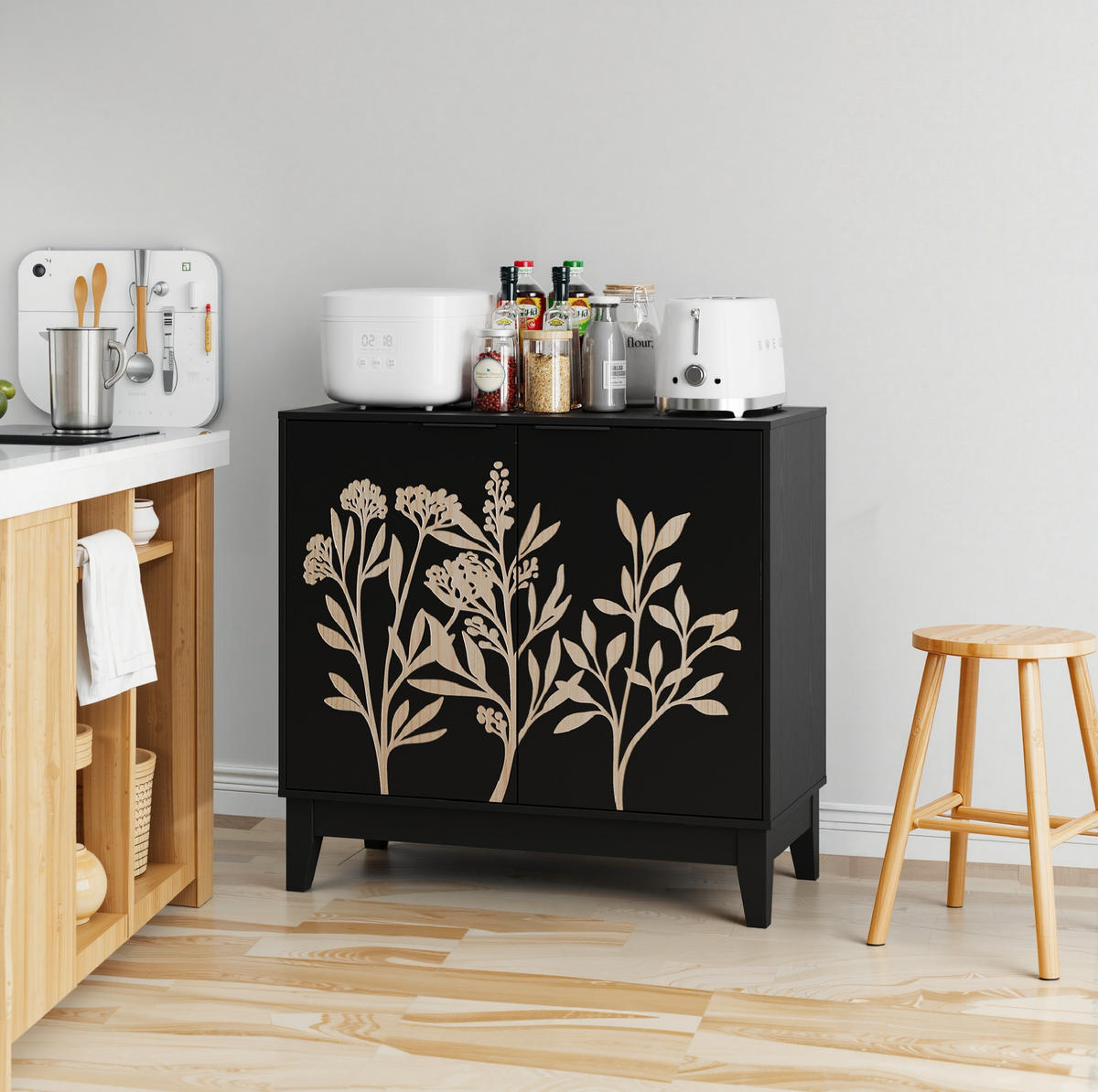 SIDEBOARD 80 cm mit 2 Türen und verstellbarem Einlegeboden, Blumenschnitzerei, Schwarz - Schwarz, Holzwerkstoff (80/76/38cm) - Redom