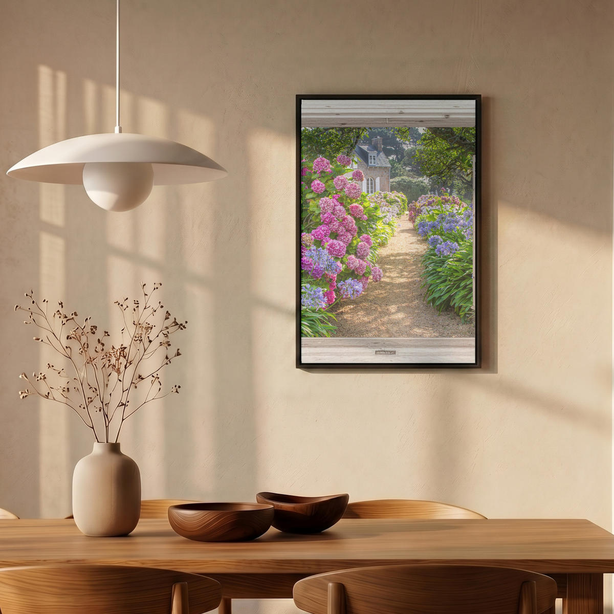 LEINWAND Bilder mit Rahmen - Hortensie - Durchsichtig - Blumen - Sommer - Lila - Weg - 40x60 - Lila, Textil (40/60cm) - MuchoWow