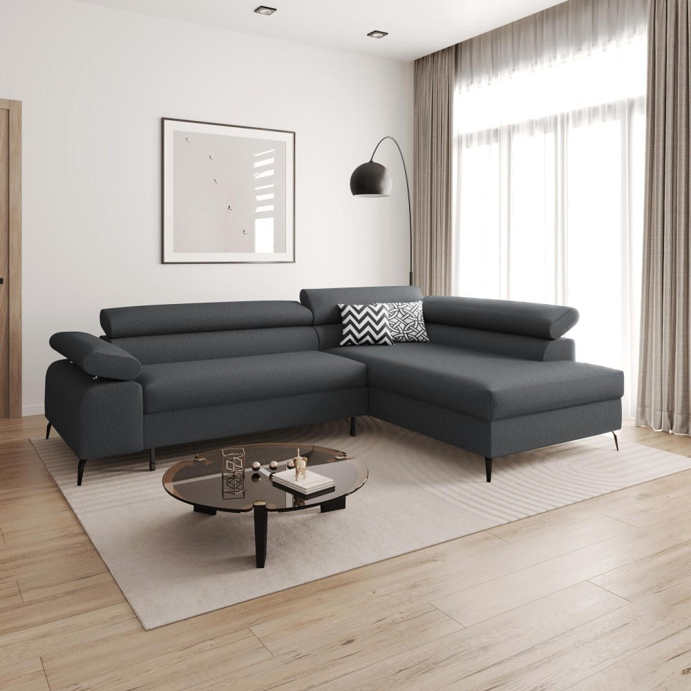 ECKSCHLAFSOFA Mellow mit Bettkasten, Dunkelgrau, rechts - Dunkelgrau/Schwarz, Textil (270/205cm) - Beautysofa