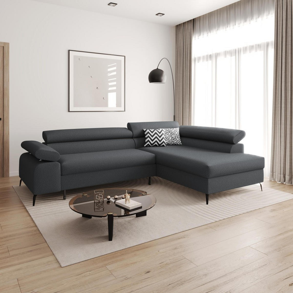 ECKSCHLAFSOFA Mellow mit Bettkasten, Dunkelgrau, rechts - Dunkelgrau/Schwarz, Textil (270/205cm) - Beautysofa