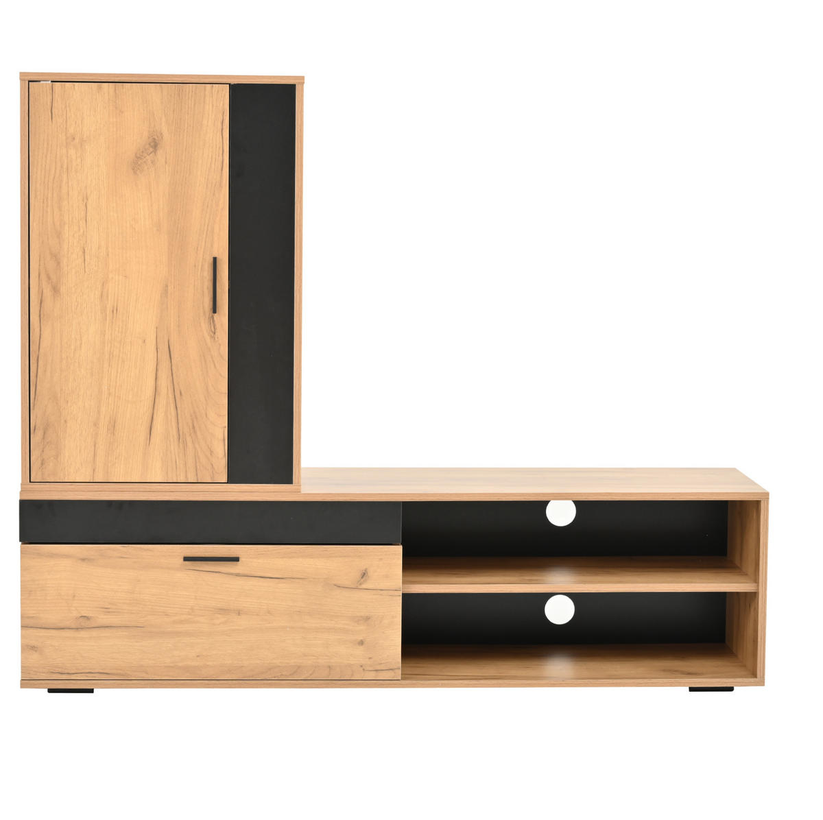 LOWBOARD TV-Möbel-Set 140/35/39 cm aus Spanplatte mit Sanftschluss-Scharnieren Eichefarben/Schwarz - Naturfarben, Holzwerkstoff (140/39/35cm) - Modenvie