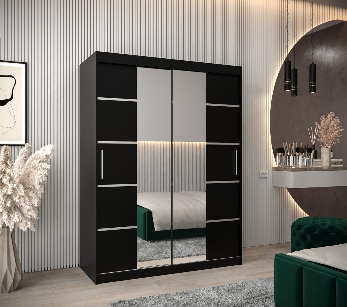 SCHWEBETÜRENSCHRANK 200/150/62 2-türig - Silberfarben/Schwarz, Holz/Kunststoff (150/200/62cm) - Abiks Möbel