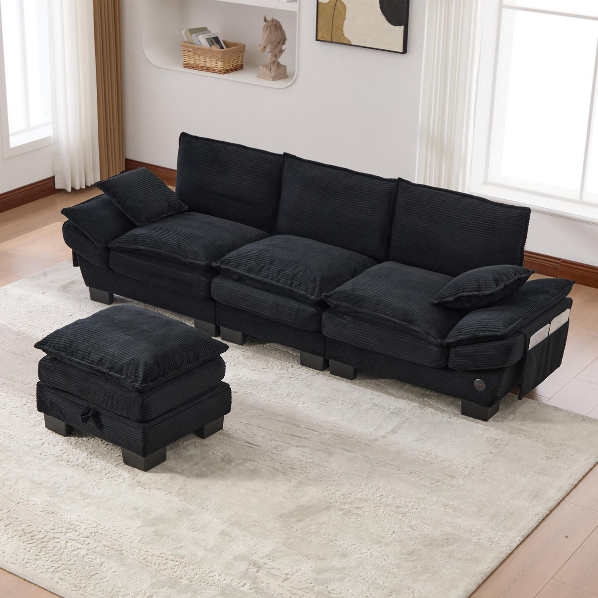ECKSOFA 260/132/84 cm Schwarz Cord mit 1 Fußhocker, USB-C-Anschluss und Seitentaschen - Schwarz, Textil (260/132cm) - Oxeza