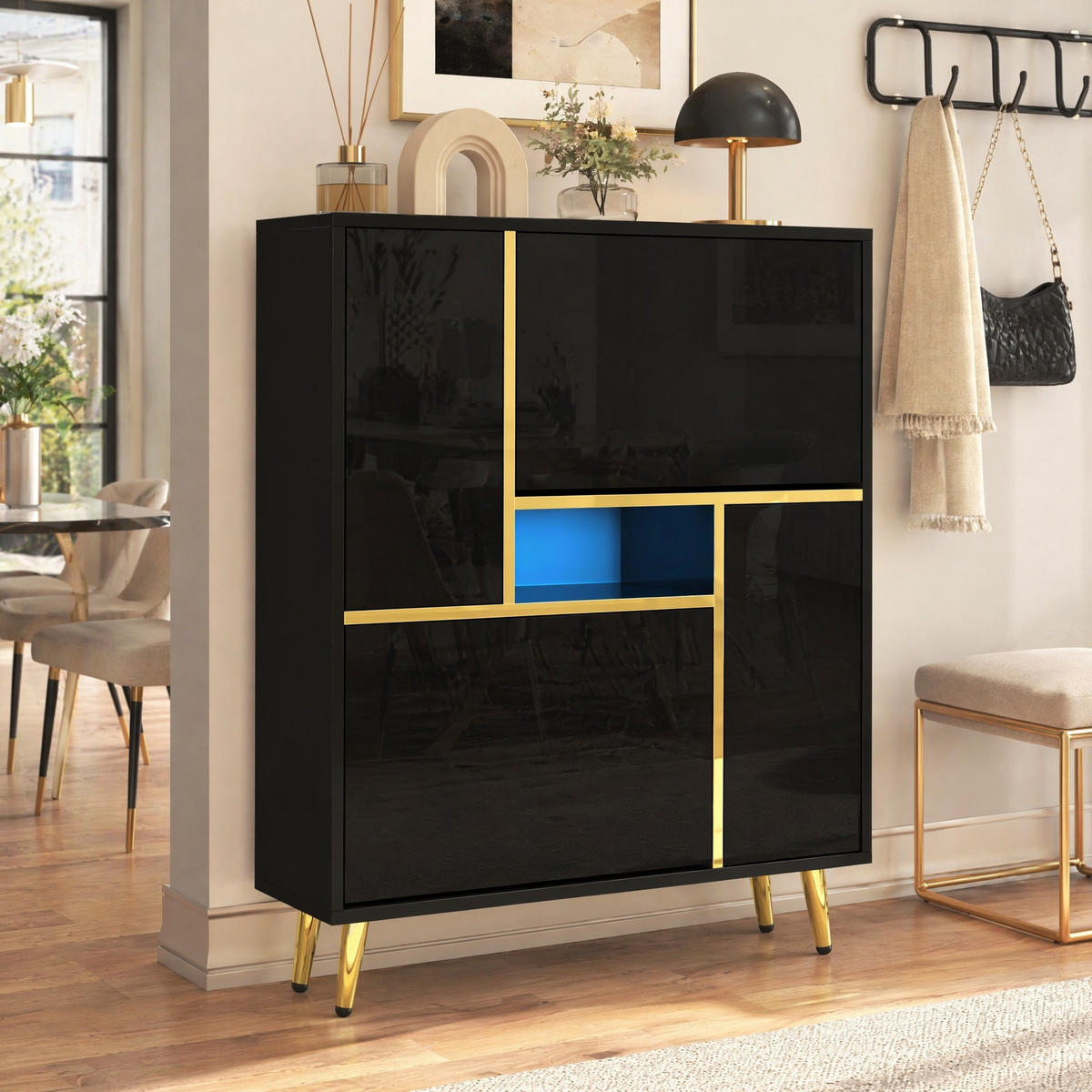 SCHUHSCHRANK in Schwarz mit LED-Licht und Hochglanzfront für Eingangsbereiche und Flur, B80/T25/H96 cm - Goldfarben/Schwarz, Holzwerkstoff/Metall (80/96/25cm) - STILVORA