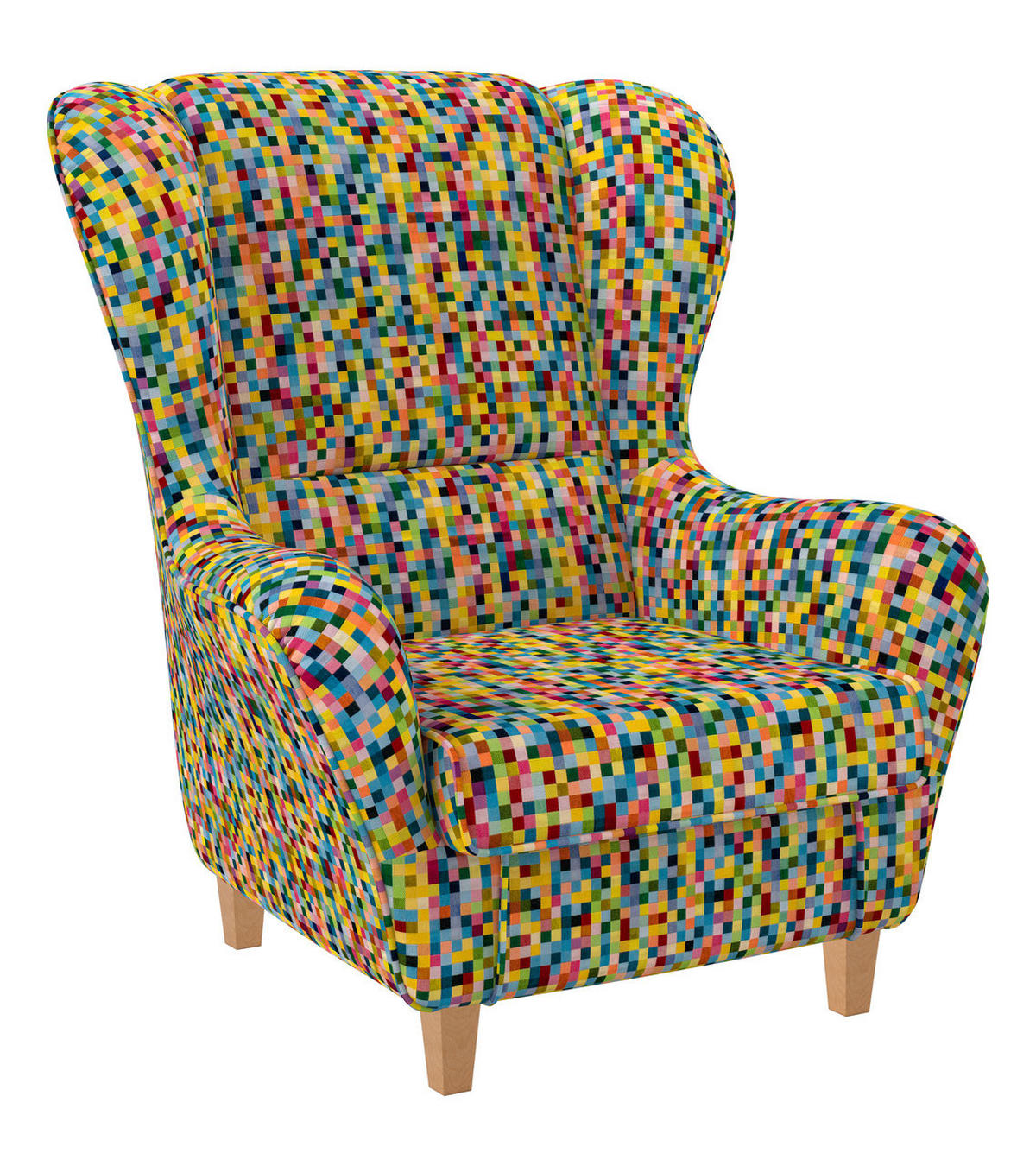 OHRENSESSEL Sofia Relaxsessel mit Hocker | Design Pixel kariert bunt - Dunkelgelb, Textil (92/68/95cm) - Supellex