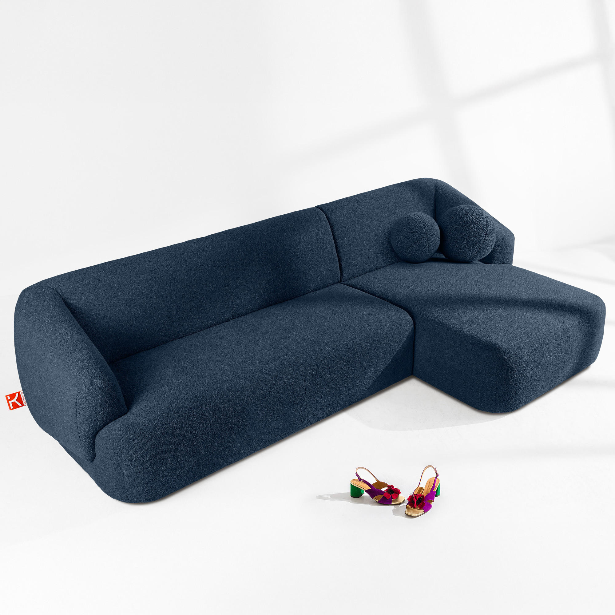 ECKSOFA RECHTS VIRA, Marineblau, Bouclé - Schwarz/Dunkelblau, Holz/Holzwerkstoff (300/160cm) - KONSIMO®