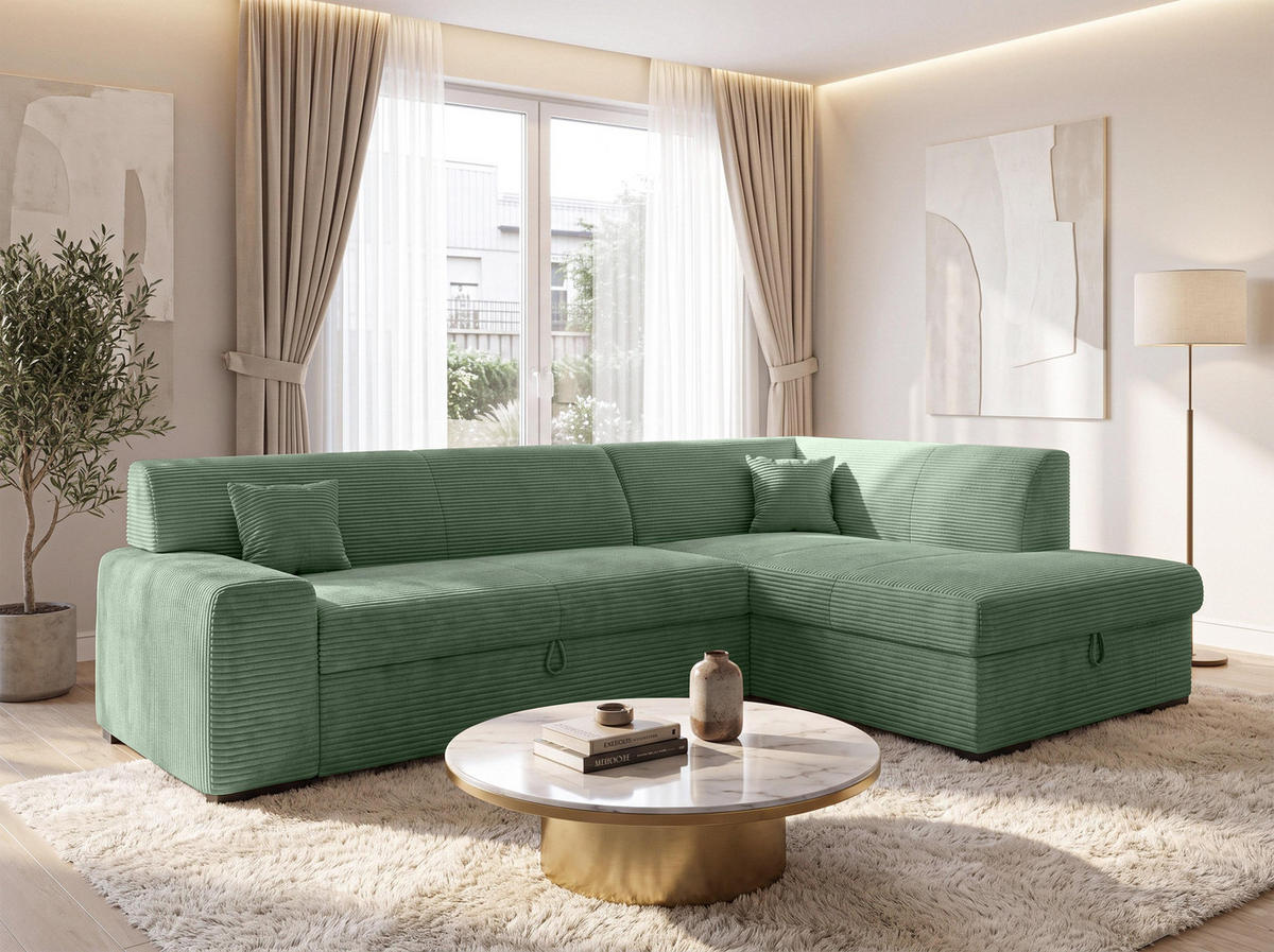 ECKSOFA L Form Minosa Salbeigrün 260/175/71 cm Rechts mit Schlaffunktion - Salbeigrün/Schwarz, Kunststoff/Textil (175/260cm) - AX Living