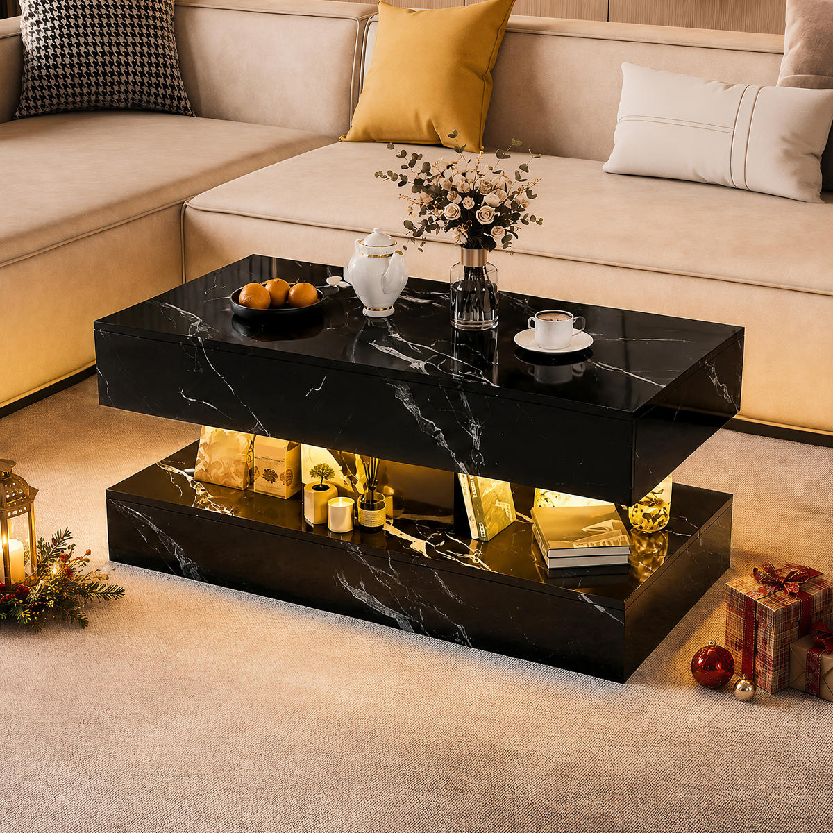 COUCHTISCH 100x50 cm Schwarz Hochglanz Marmoroptik mit LED-Beleuchtung & Schubladen - Schwarz, Holz (100/50/45cm) - SHOPENTRA