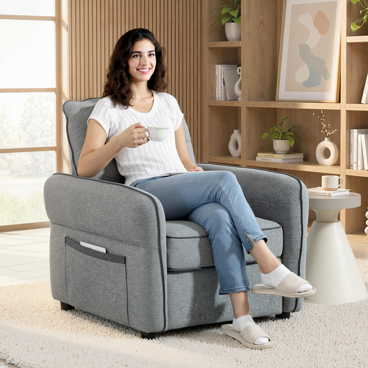 SESSEL DE-13491 1-Sitzer mit Seitentasche, ägyptischer Samt Grau - Grau, Textil (80/90/81cm) - ComfortXL