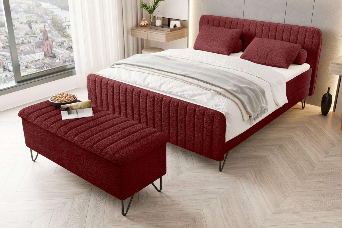 BOXSPRINGBETT LUCIO mit Hocker Bouclé-Stoff Rot 140/200 cm - Rot/Schwarz, Textil/Metall (140/200cm) - 99rooms
