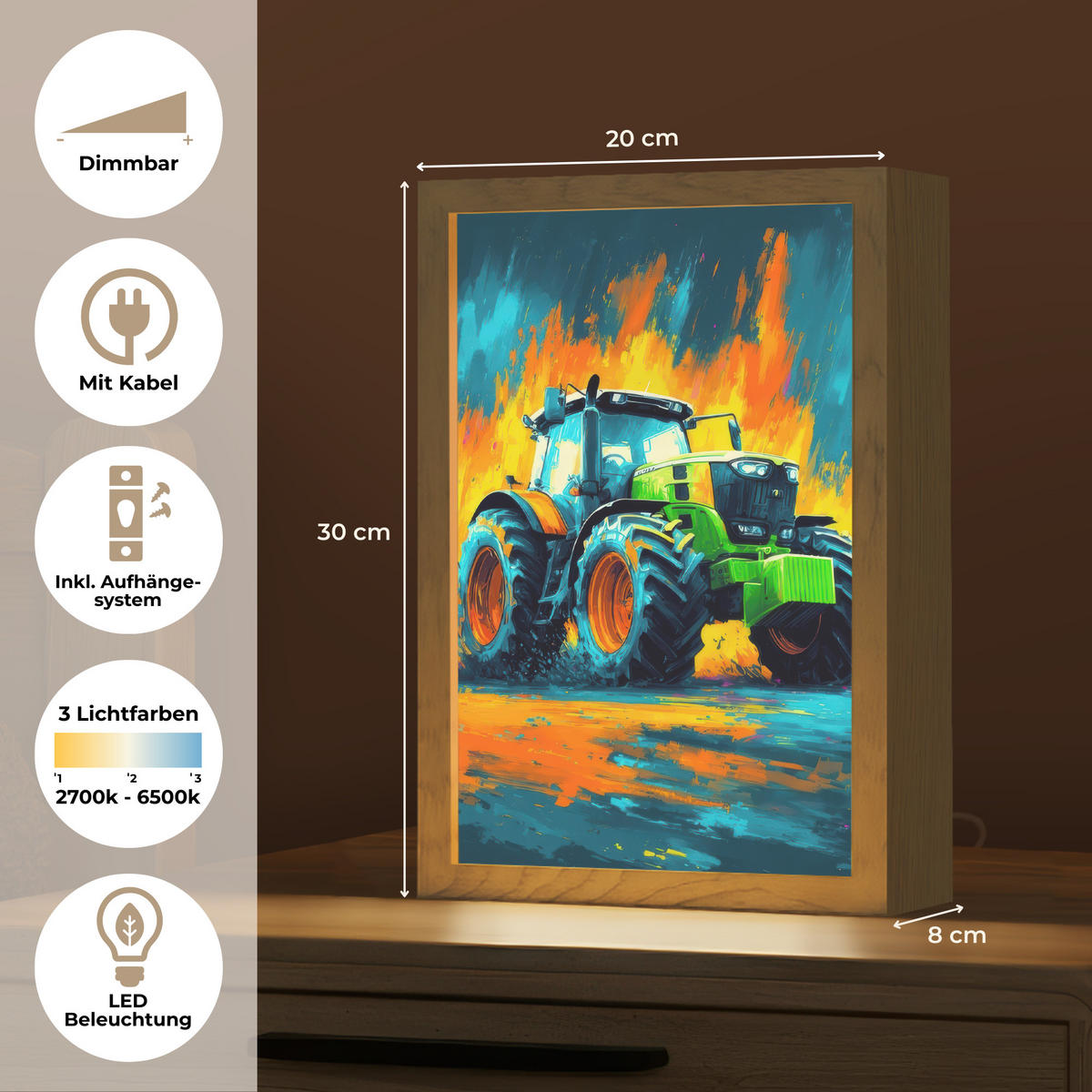 NÁSTĚNNÁ LAMPA Abstrakt - Traktor - Zelený 20x30 cm - tmavě modrá, kompozitní dřevo (20/30/8cm) - OnlyWow