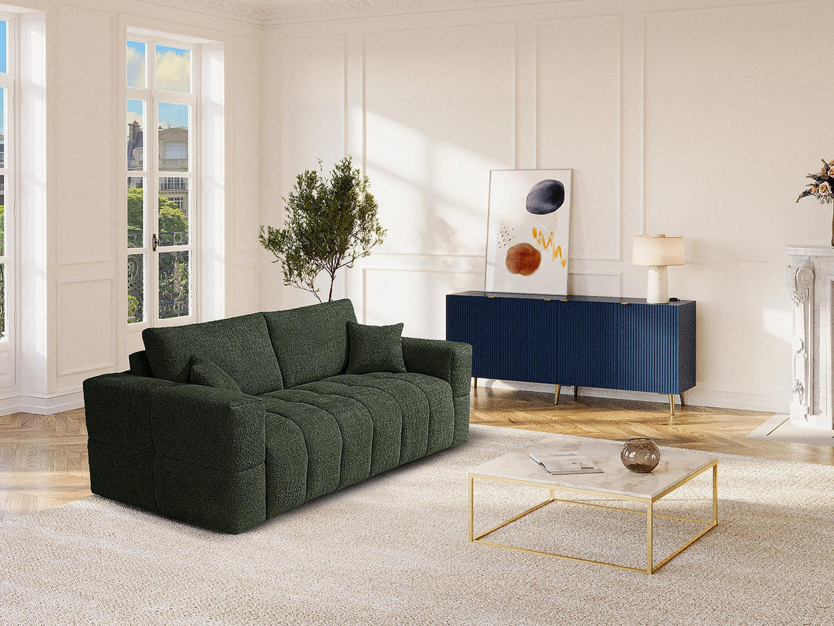 SCHLAFSOFA 4-Sitzer mit Matratze – Bouclé-Stoff – Grün – Liegefläche 160 cm – Matratze 13 cm – ISSORO - Grün, Textil (235/90/105cm) - Vente-Unique