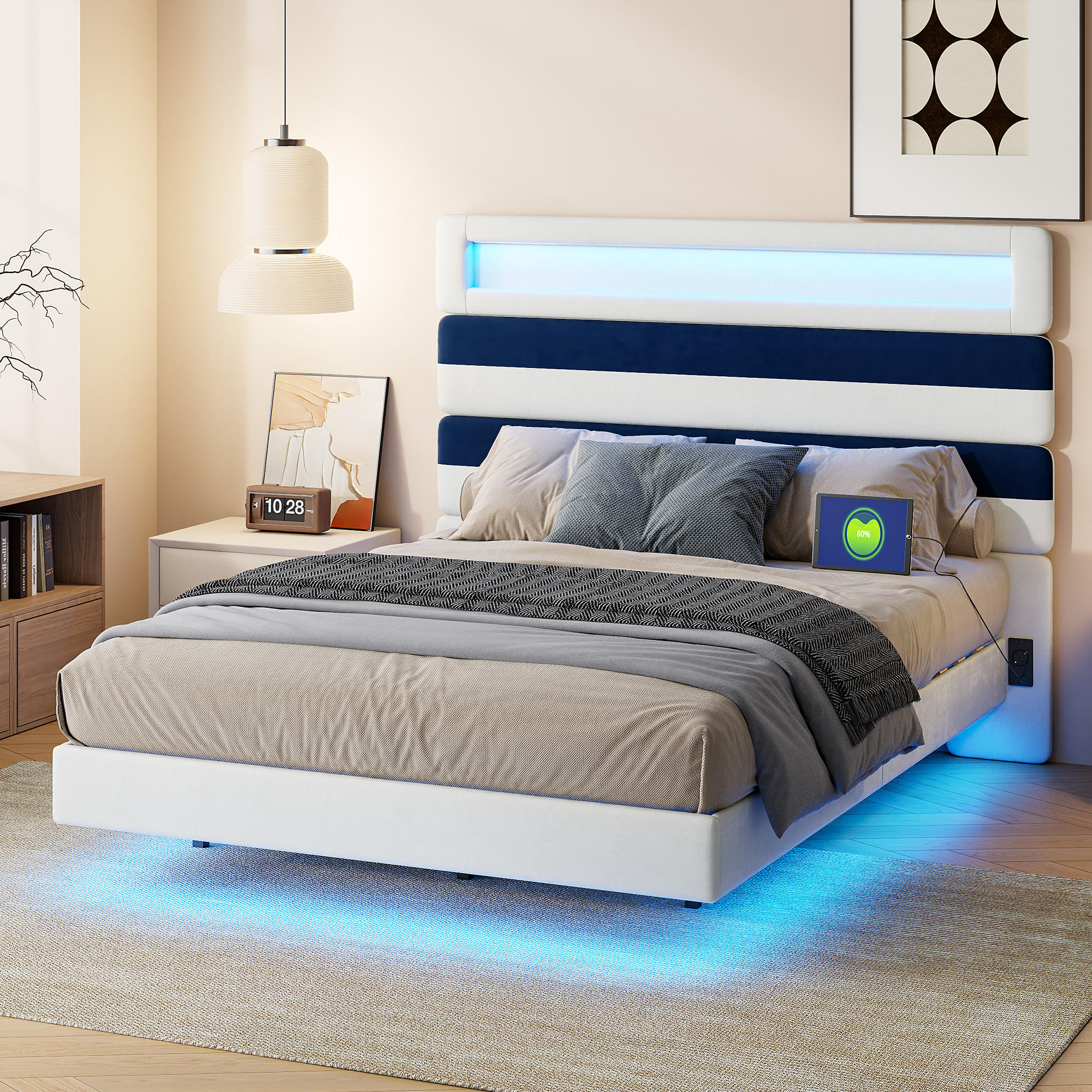 POLSTERBETT 140x190 cm, Weiß/Blau, LED-Beleuchtung und USB - Blau, Textil/Metall (140/190cm)