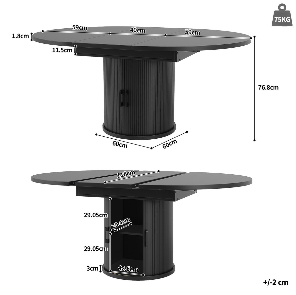 ESSTISCH 118-158/118/76,8 cm ausziehbar mit Stauraum und Schiebetüren aus MDF, Schwarz - Schwarz, Holzwerkstoff (118/118/76.8cm) - Redom