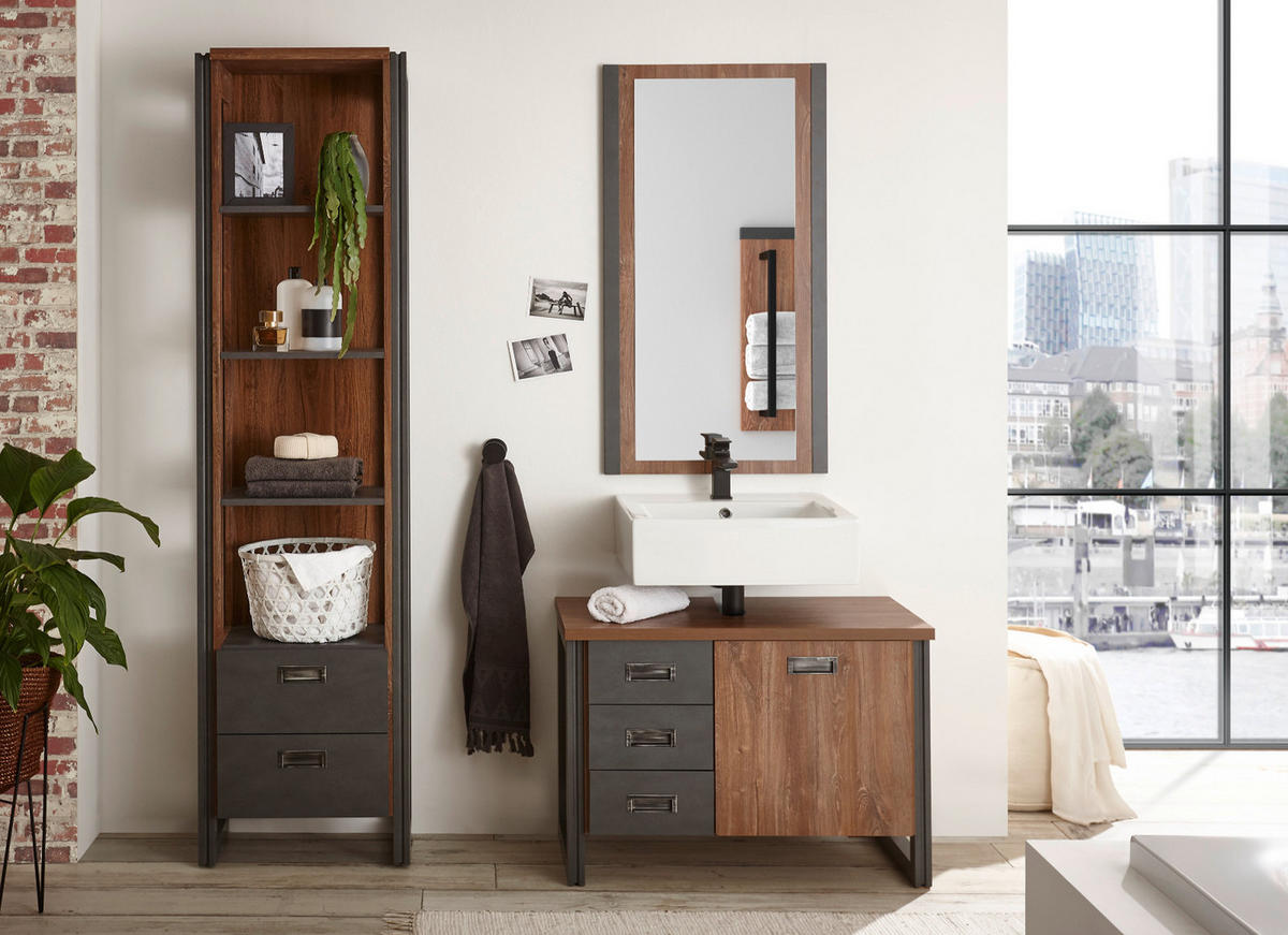 BADMÖBEL-SET 2-teilig Eiche Stirling, Matera grau, Badkombination Waschbeckenunterschrank, Spiegel 81 x 205 cm - Eichefarben/Grau, Holzwerkstoff (81/205/40cm)