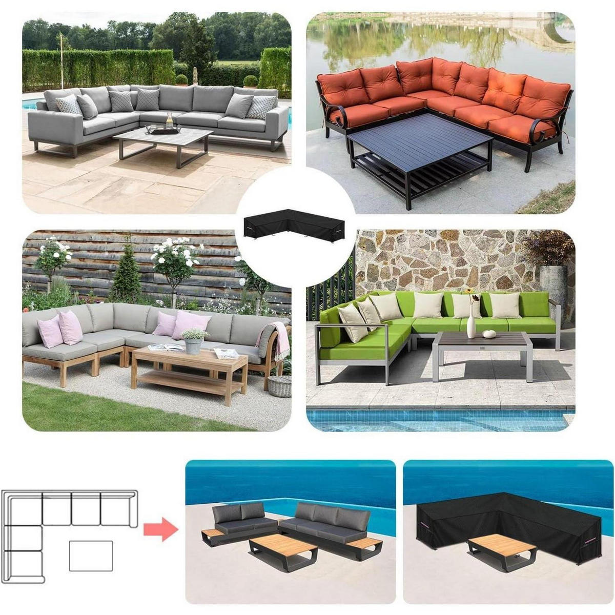 GARTENLOUNGE Abdeckplane L-Form 210x300x102x80/60cm Wasserdicht - Schwarz, Kunststoff (210/102/102cm)
