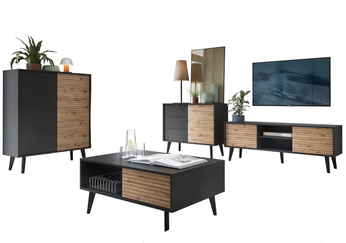 WOHNWAND Saskatoon 1, 4-er Set, Front MDF 18 mm Eiche Handwerker Schwarz - Schwarz, Glas/Holz (516/125/39cm) - Komodee