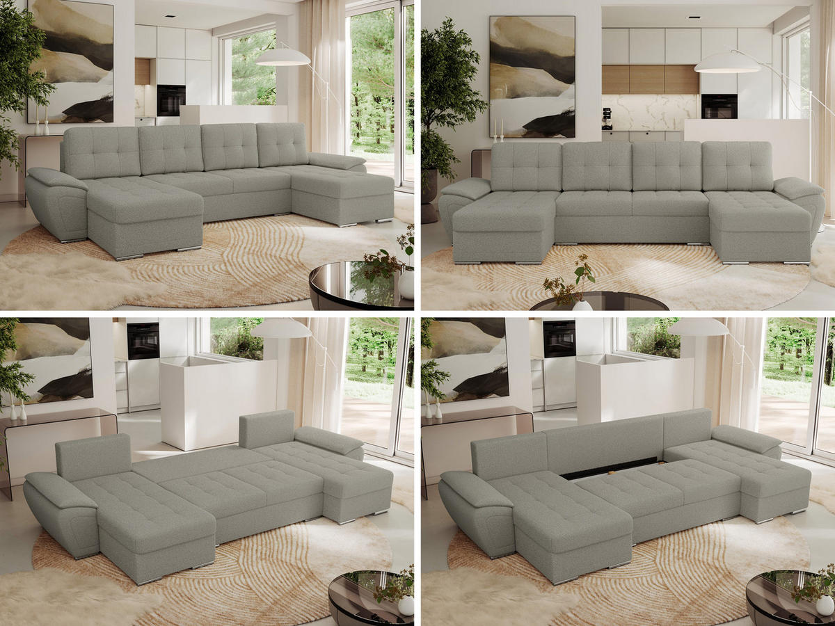 WOHNLANDSCHAFT UMBRIA U Hellgrau Boucle - Hellgrau/Grau, Textil/Metall (336/85/157cm) - MKS