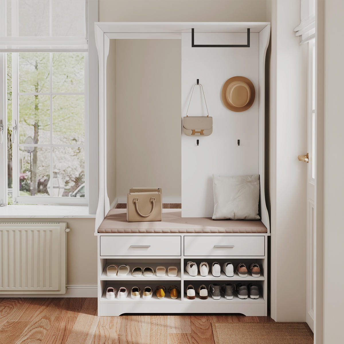 GARDEROBENSTÄNDER, weiß, Spiegel, Haken, Stange, Schuhfach integriert - Weiß, Glas (100/180/35cm) - EuroLiving