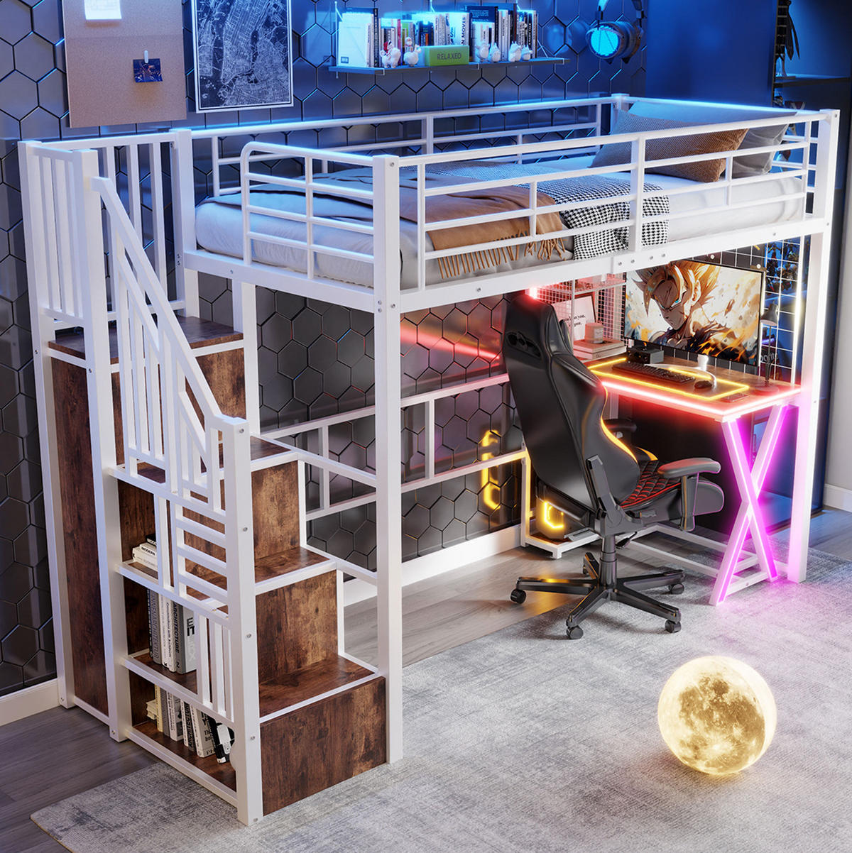 HOCHBETT 90/200 cm mit LED-Leuchten und Schreibtisch in Weiß mit Matratze - Weiß, Metall (90/200cm) - OKWISH