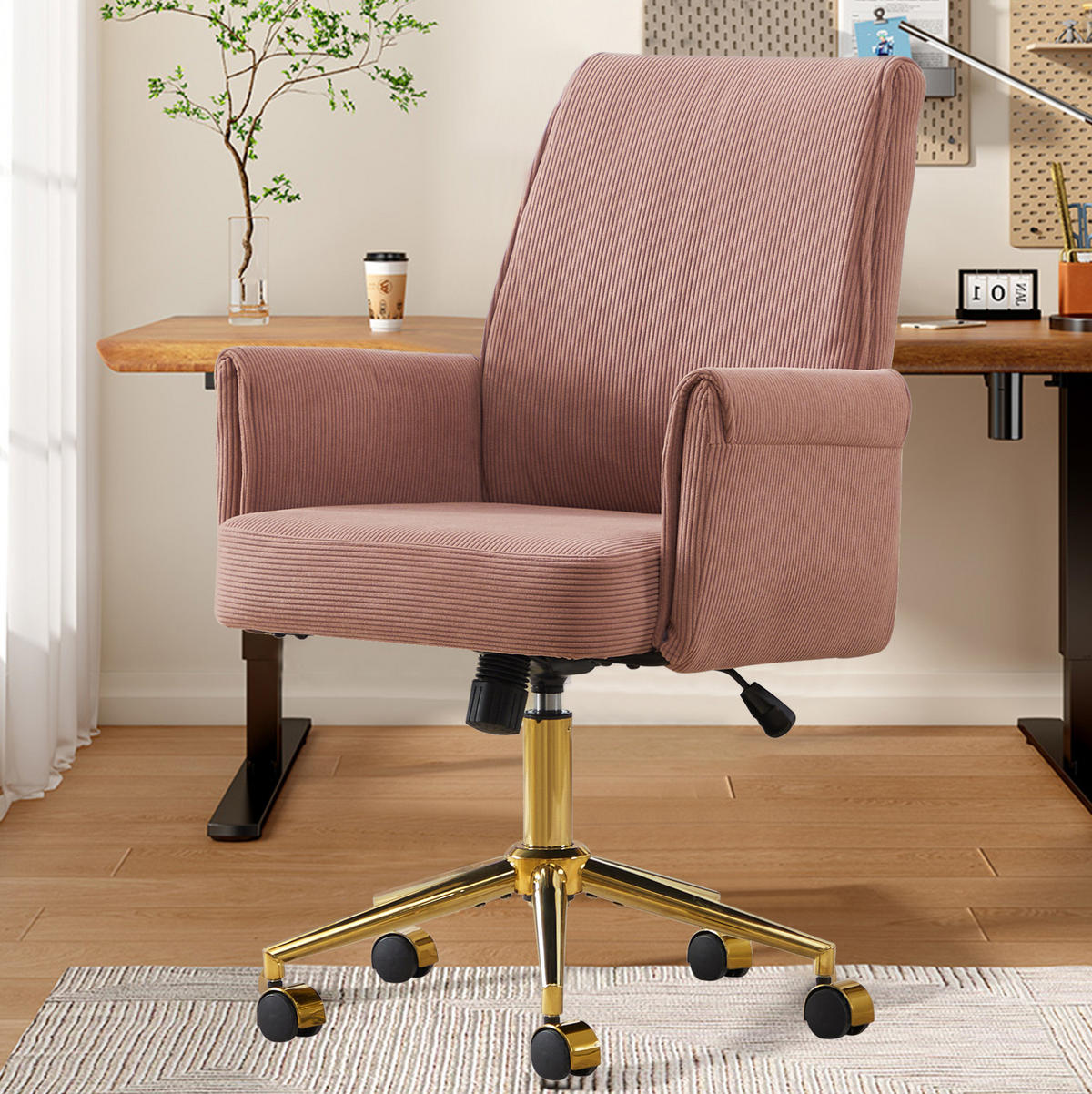 BÜRODREHSTUHL ergonomisch Cord Pink mit goldfarbener Basis - Pink, Kunststoff (61/107/64cm) - Meubliv