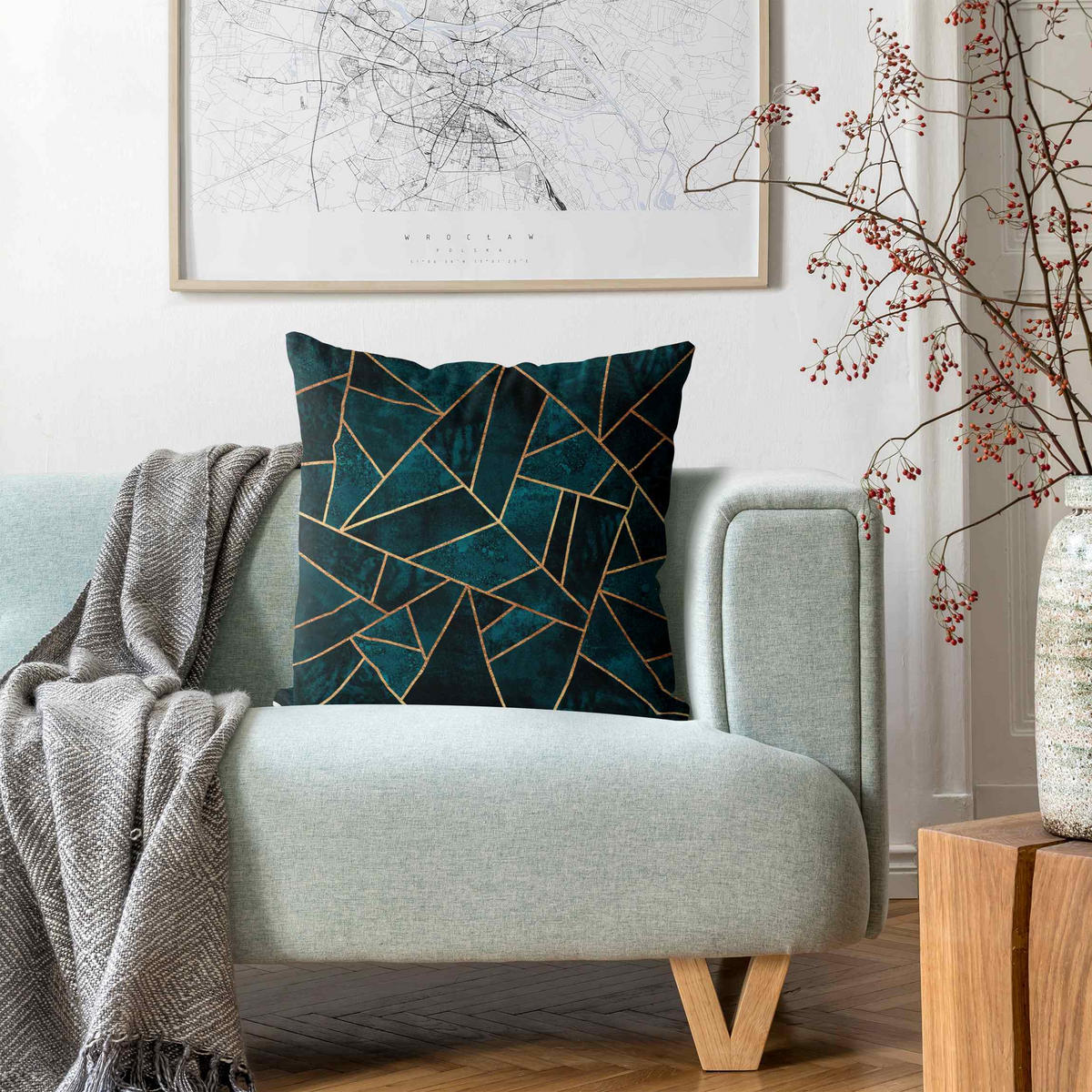 DEKOKISSEN Dunkles Türkis mit Gold 40/40 cm - Türkis, Textil (40/40/10cm) - Bilderwelten