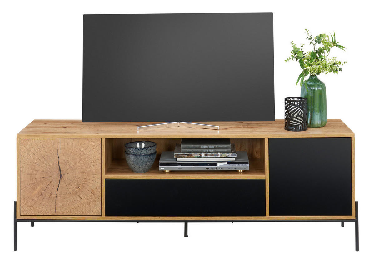 TV-LOWBOARD - Eiche Dekor / Schwarz - Eichefarben/Schwarz, Holzwerkstoff/Metall (160/55/40cm) - home24