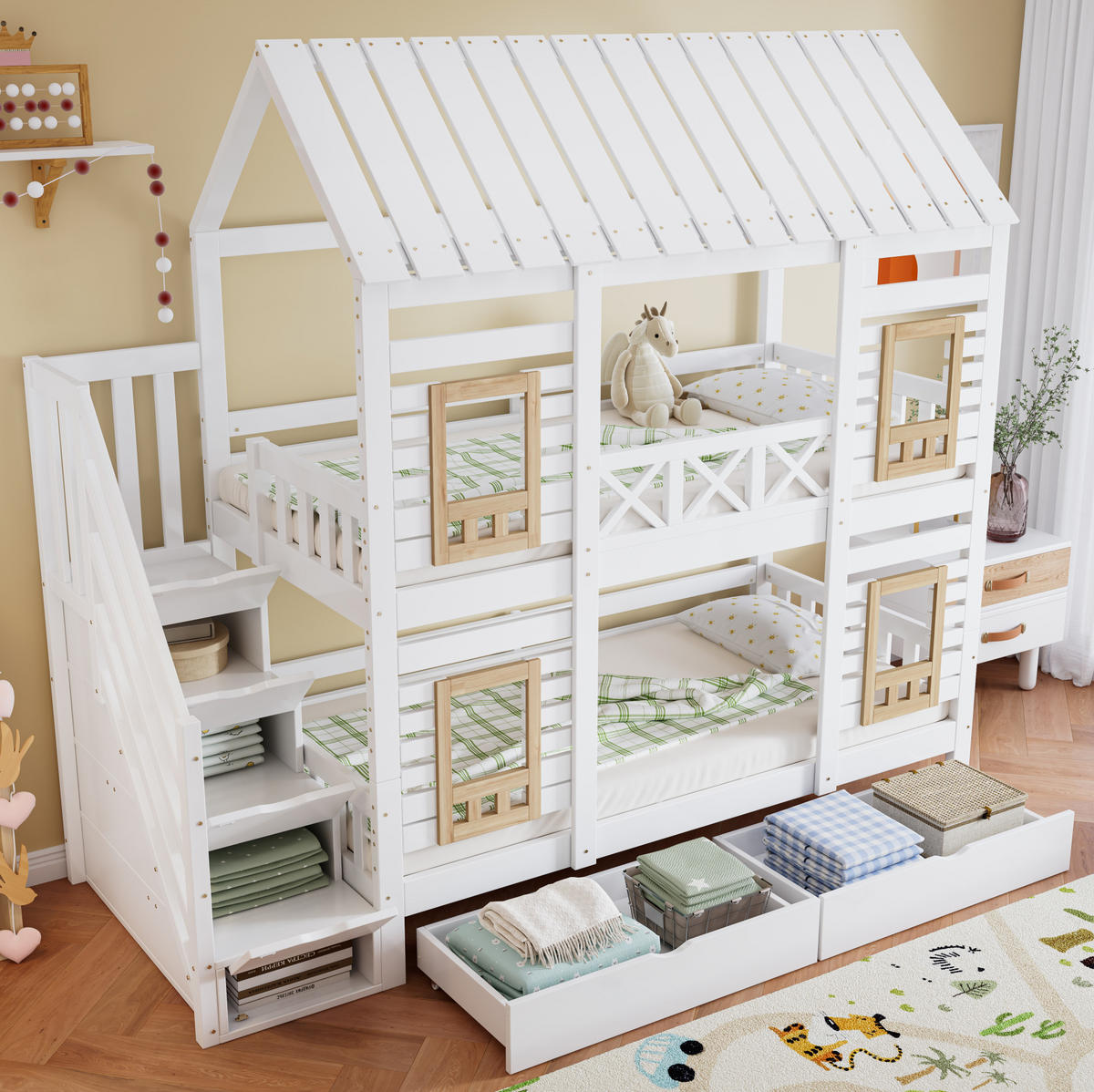 HAUSBETT 90/200 cm in Weiß/Natur mit Stauraumtreppe und 2 Schubladen - Weiß, Holz (90/200cm) - BEAOK