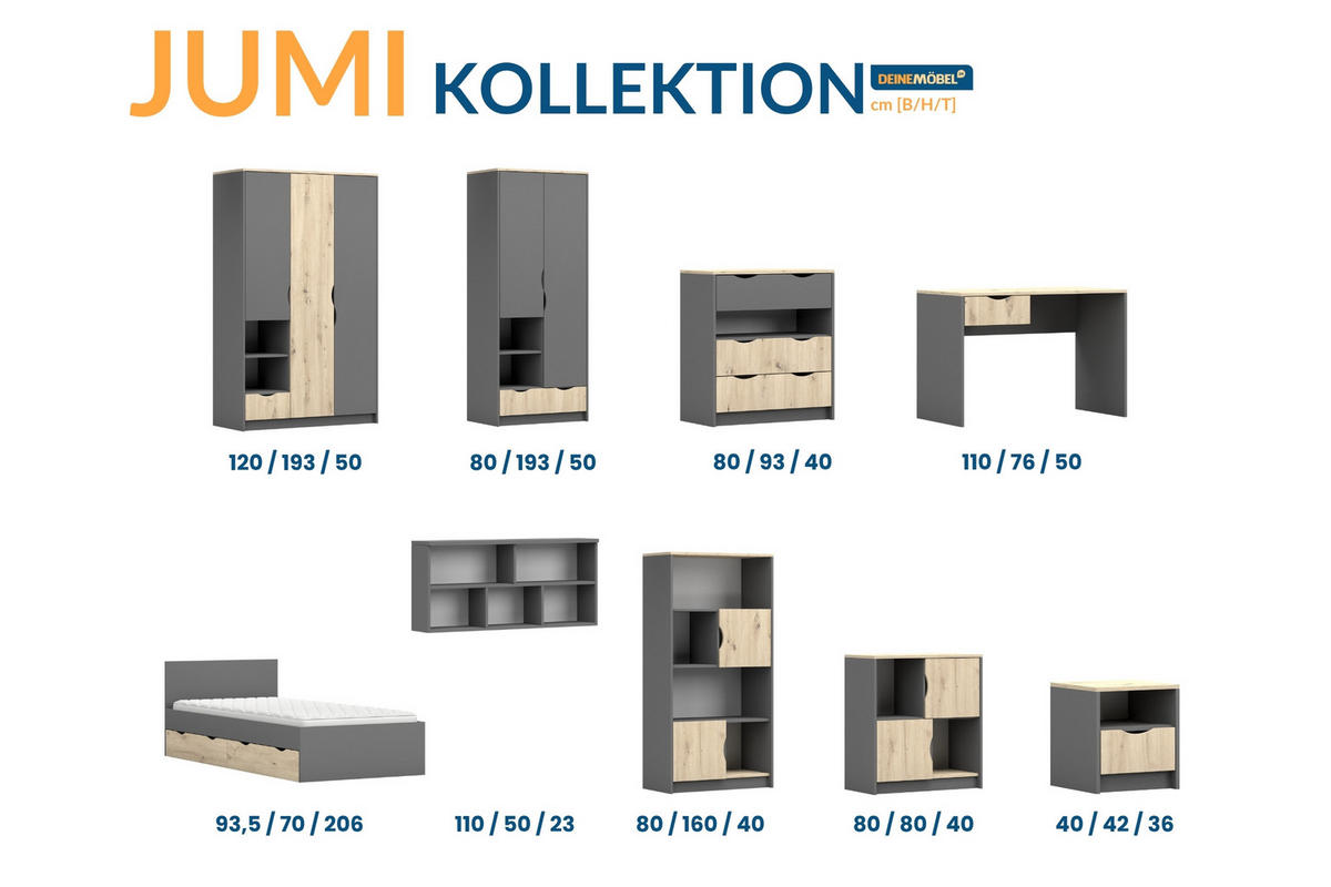 KINDERKLEIDERSCHRANK JUMI 80/193/50 cm in Grau/Eiche Artisan - Eiche Artisan/Grau, Holzwerkstoff (80/193/50cm) - Deine Möbel 24