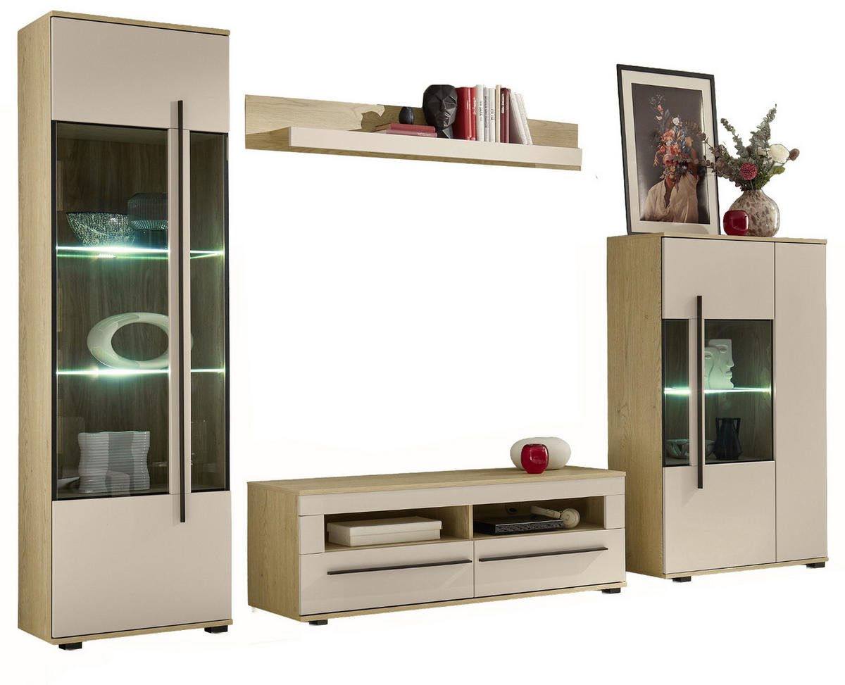 WOHNWAND Kaschmir, Eiche 4-teilig 310 cm, Wohnzimmerschränke mit Soft-Close - Kaschmir/Eichefarben, Glas/Holzwerkstoff (310/200/42cm) - Furn.Design