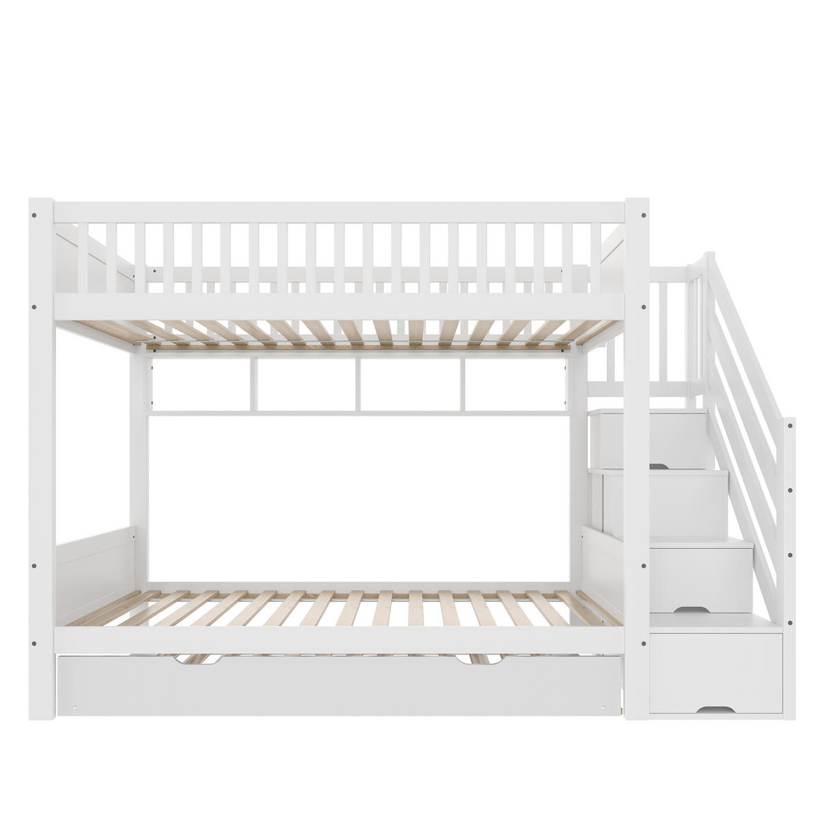 ETAGENBETT 90/200 cm mit Ausziehbett, Kleiderschrank, Regal und Stauraumtreppe aus Kiefern , Weiß - Weiß, Holzwerkstoff (90/200cm) - Redom
