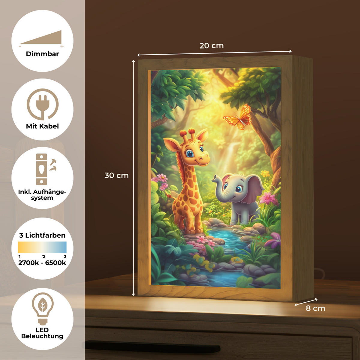 NACHTTISCHLAMPE Giraffe - Elefant - Blumen - Dschungel 20x30 cm - Grün, Holzwerkstoff (8/20/30cm)