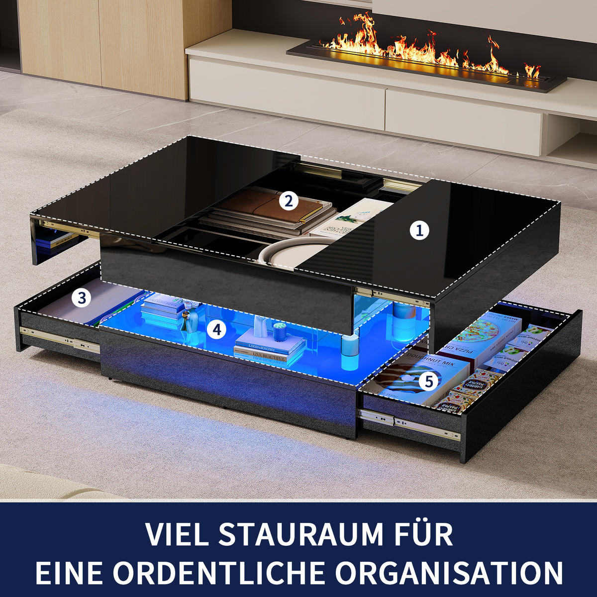 COUCHTISCH SCHWARZ QUADRATISCH MIT LED Hochglanz, 78x78x43cm, Modern Wohnzimmer - Schwarz, Holz (78/78/43cm) - CASIVA