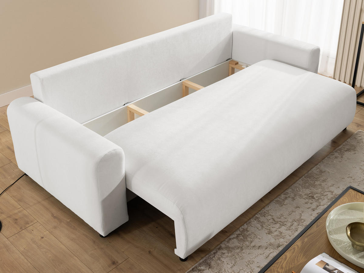 SCHLAFSOFA Calma mit Bettkasten im Bumpy-Design aus weichem Creme Webstoff - Creme/Schwarz, Holz/Kunststoff (239/88/98cm) - S-Style