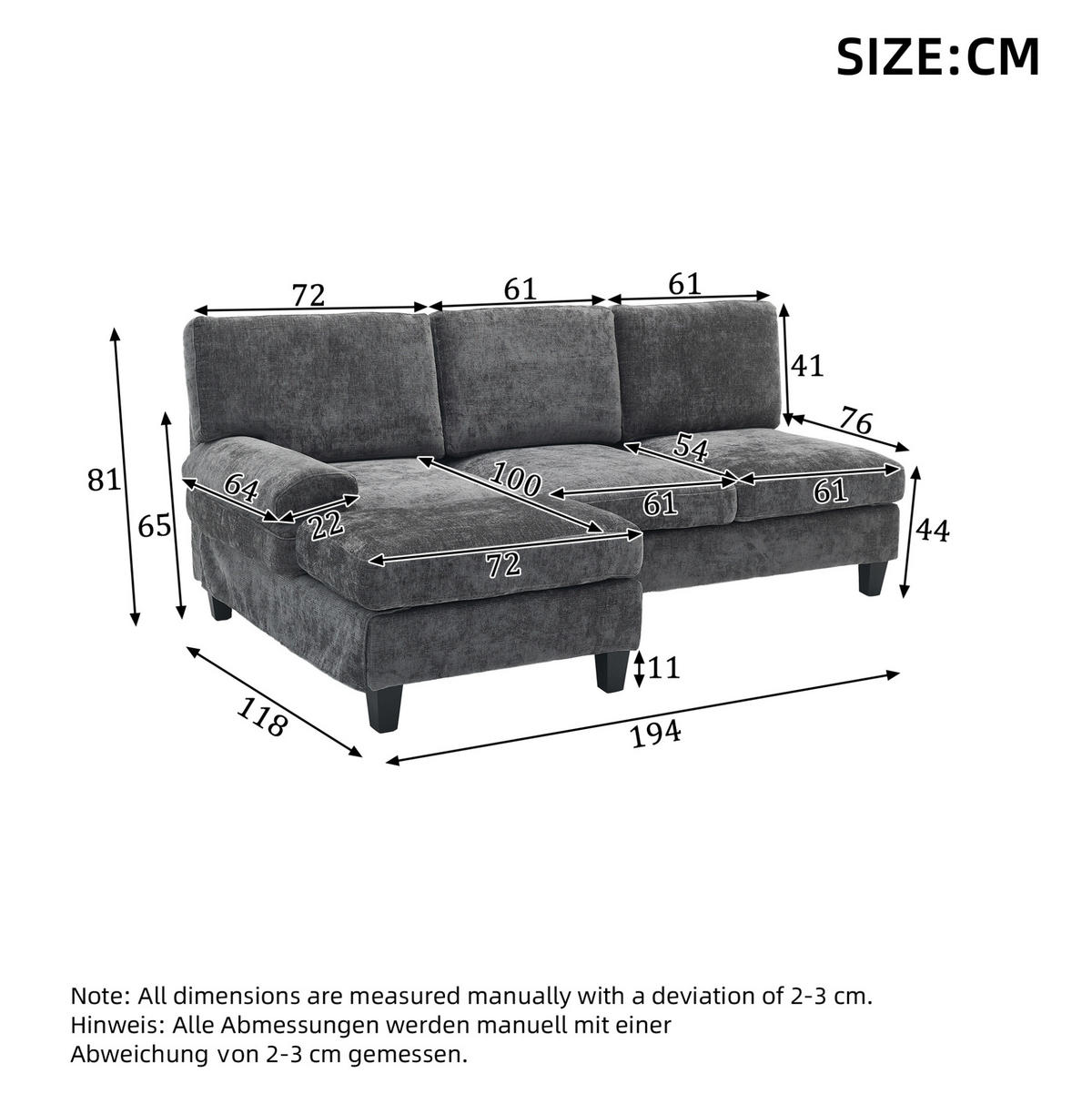 3-SITZER-ECKSOFA aus Stoff 194x118x81 cm in Grau mit Schlaffunktion - Grau, Textil (118/81/194cm) - Modfu